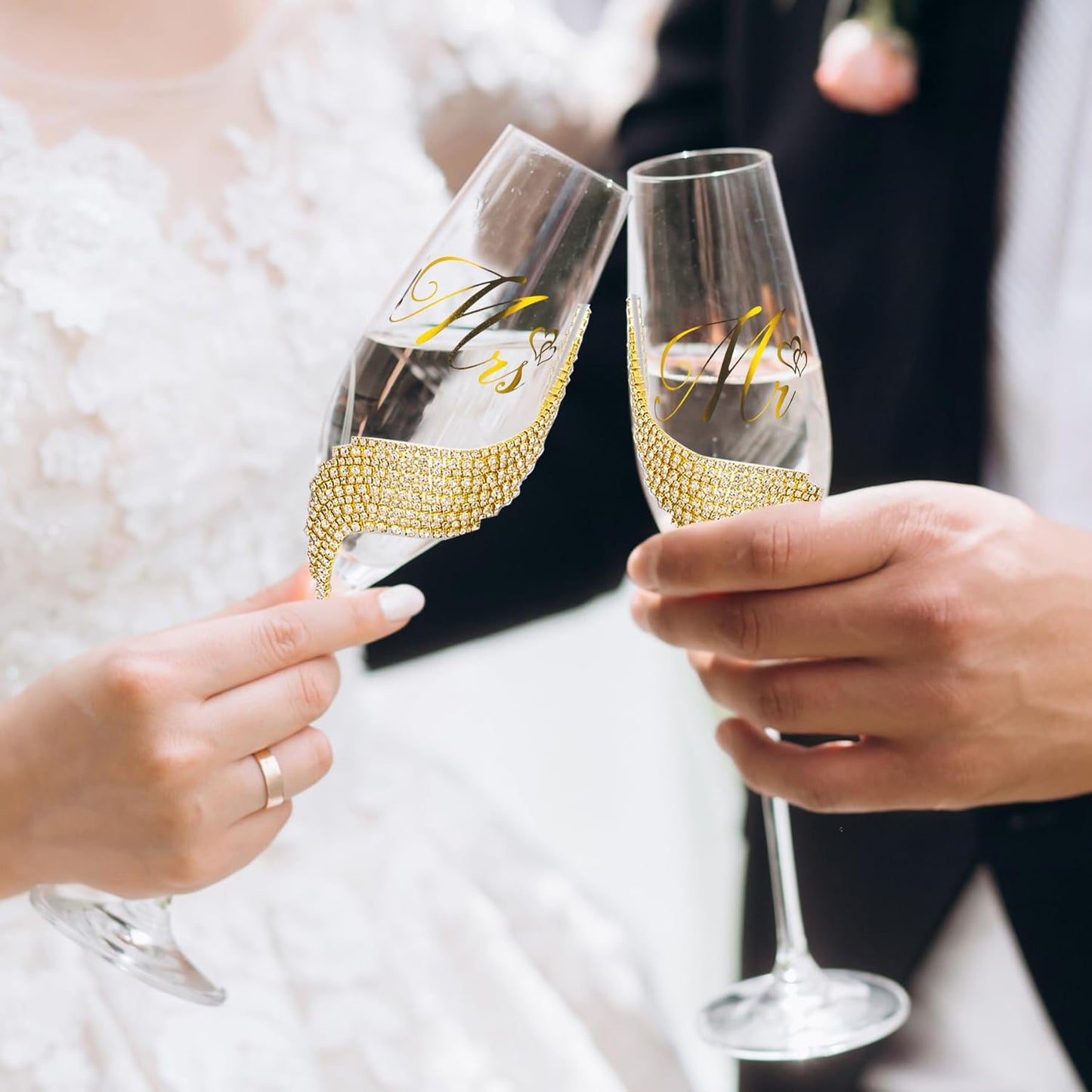 Wedding Cake Knife and Server Set, Gold Mr and Mrs Champagne Flutes and Cake Cutting Set for Wedding Bridal Shower Gifts (Gold)