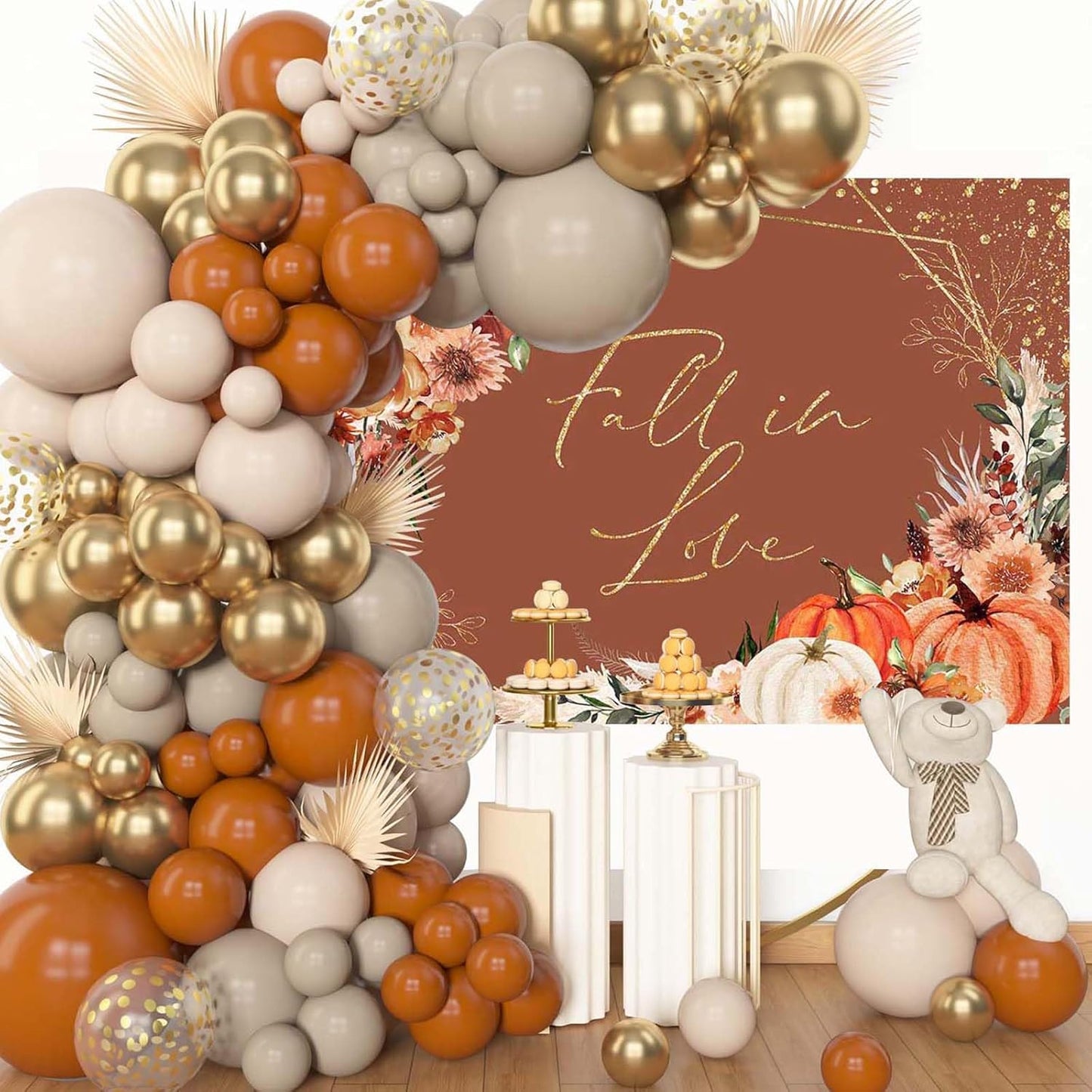 Mocsicka Fall in Love Bridal Shower Backdrop Boho Autumn Leaves Pumpkin Bride Shower Background Terracotta Flower Pampas Grass Wedding Party Banner Decoration (Terracotta, 10x8ft(120''x96''))