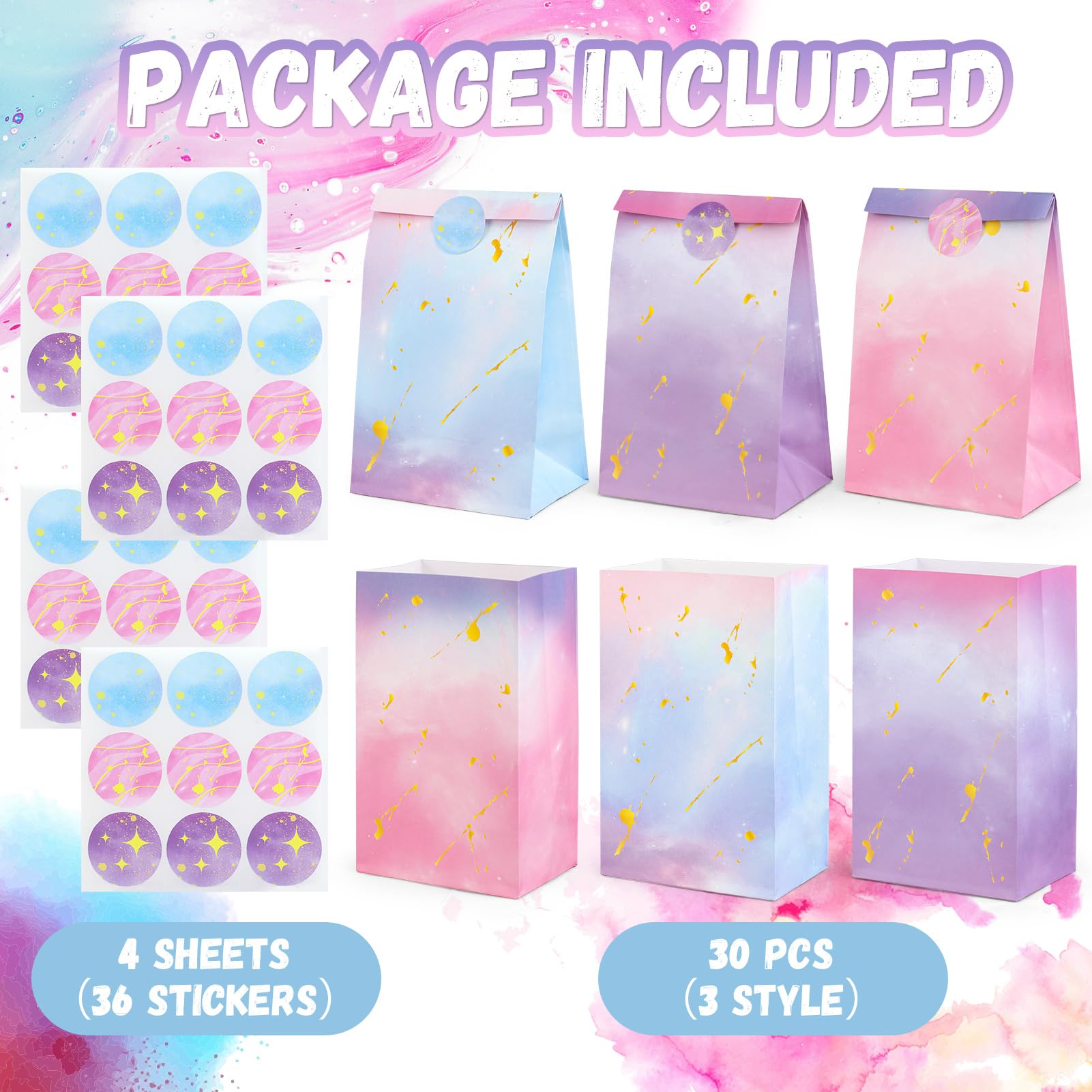 HEJIN 30PCS Tie Dye Party Bags with Stickers, Pink and Purple Small Gift Bags, Mermaid Unicorn