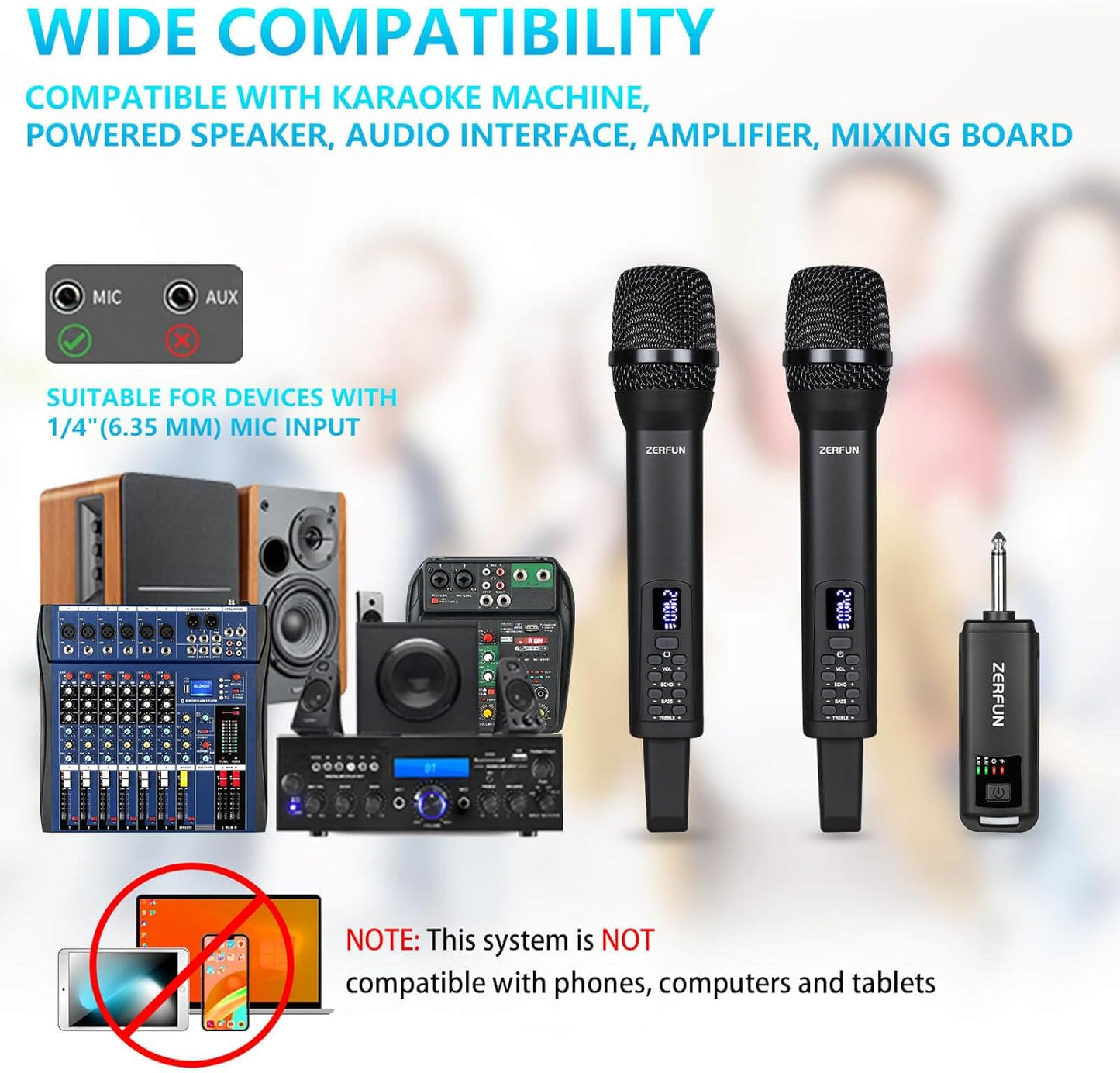 Dual Rechargeable Wireless Microphones, Pro Handheld Cordless Mics System with Echo Treble BASS VOL Control for Karaoke Singing Church Party, 1/4'' Output, Black
