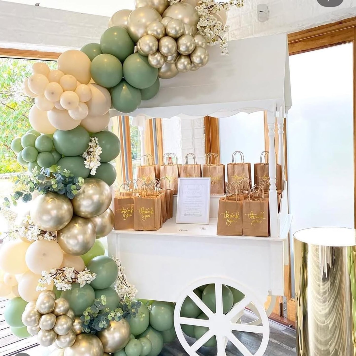 Dusty Green White Gold Balloons, 50pcs Sage Olive Green Metallic Champagne Gold White Latex Balloons for Wedding Engagement Birthday Baby Shower Eucalyptus Party Decoration Supplies