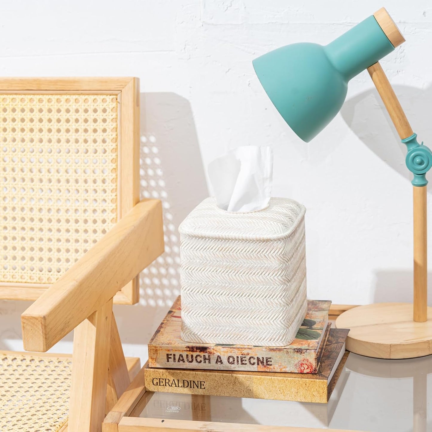 Tissue Box Cover Square Resin Tissue Holder for Home Decor,Hand Carved Wicker Tissue Box Holder,5.3 x 5.3 x 5.9 inches, Farmhouse White