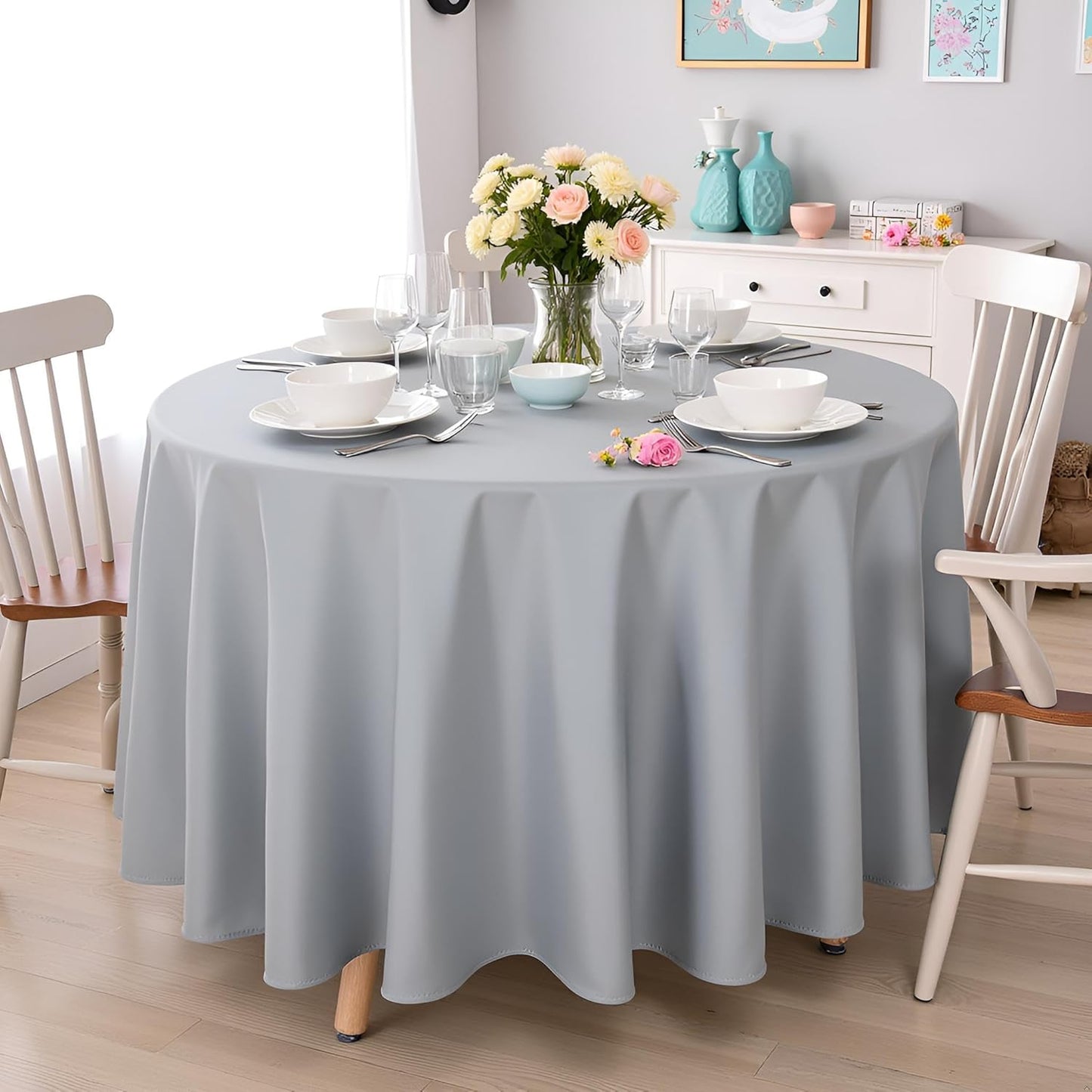 sancua Round Tablecloth - 108 Inch - Water Resistant Spill Proof Washable Polyester Table Cloth Decorative Fabric Table Cover for Dining Tables, Buffet Parties and Camping, Silver Grey