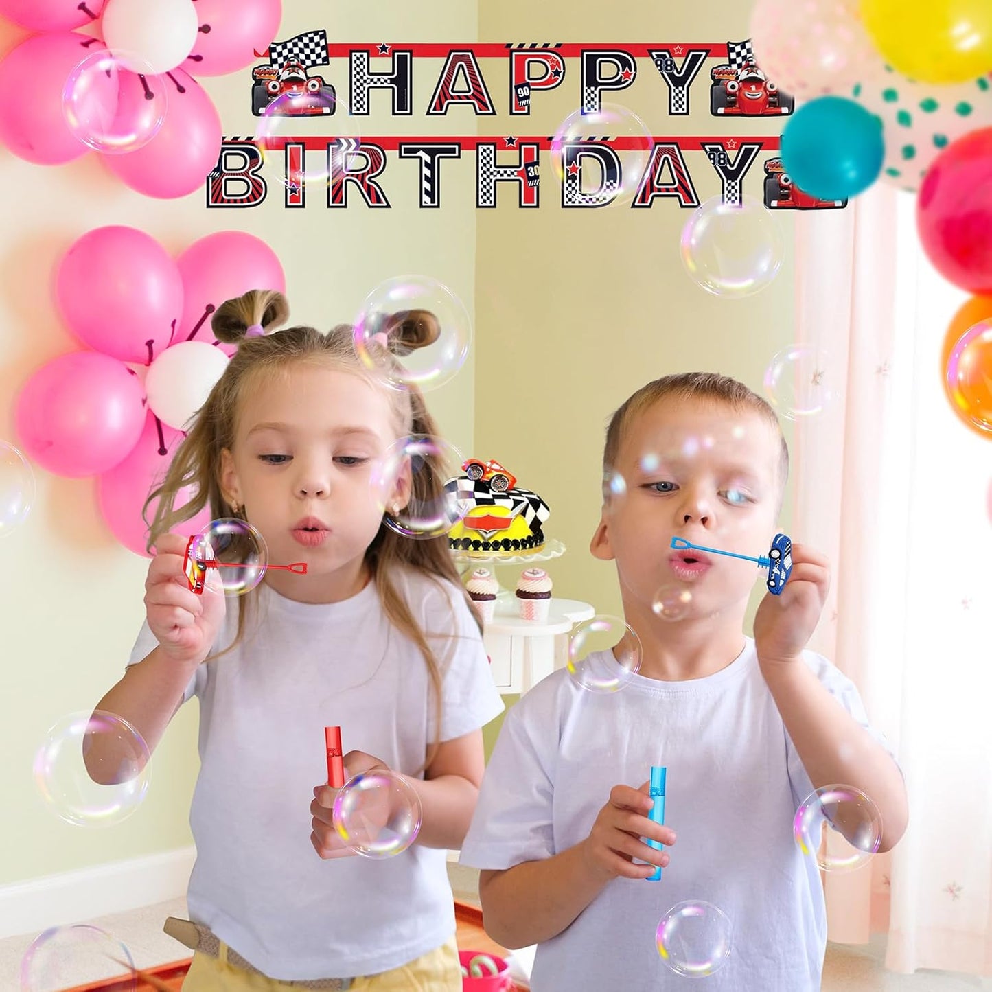 AMFZON 24Pcs Race Car Party Favors Bubble Wands for Kids, Racecar Wheels Mini Bubbles Wand Toys, Two Fast Birthday Party Supplies Goodie Gift Bag Stuffers Pinata Classroom Prizes