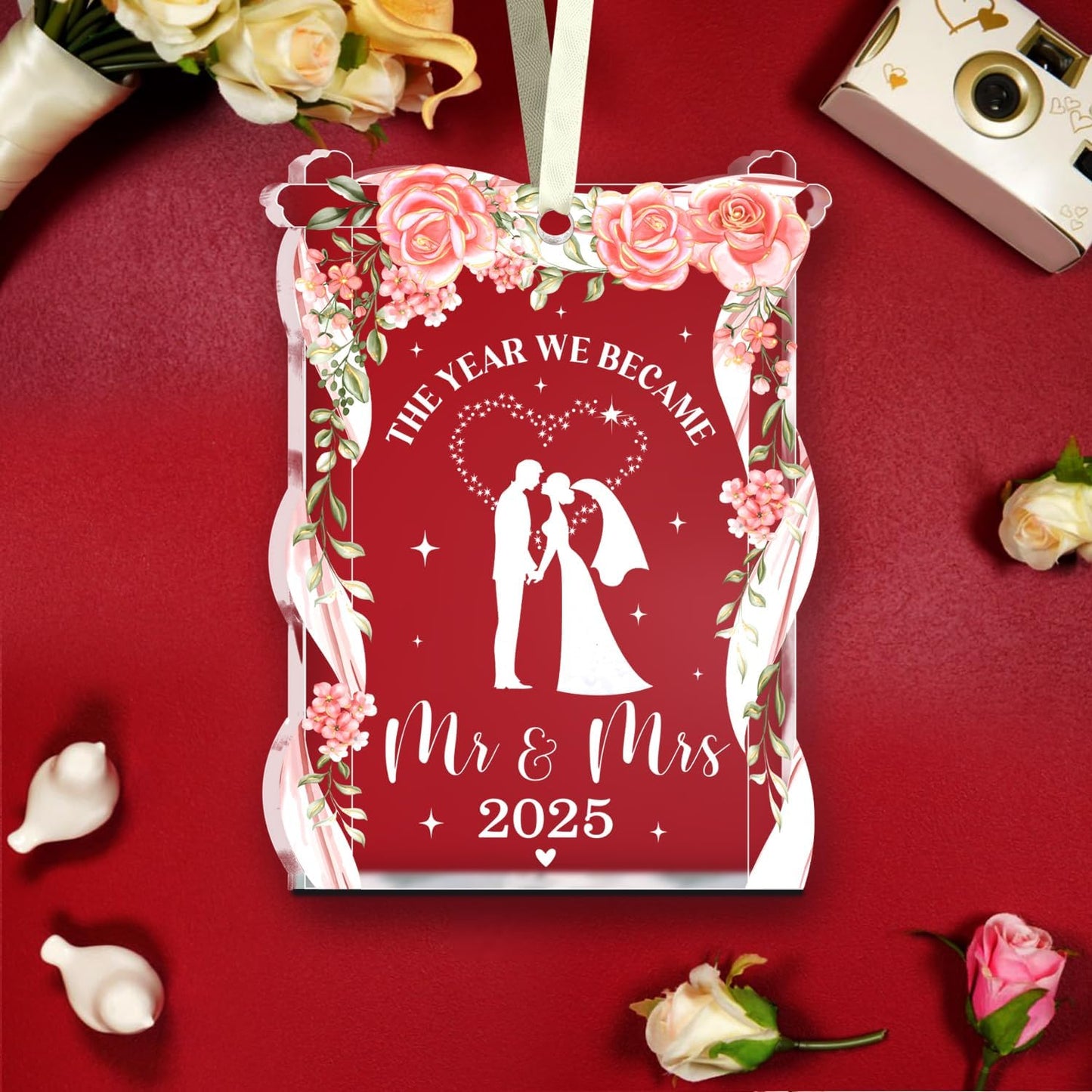 NewEleven Wedding Gifts - Mr and Mrs, Bridal Shower Decorations - Wedding Gifts for Couples 2025, Bride Gift for Friends - Just Married Glass 2025 Ornament