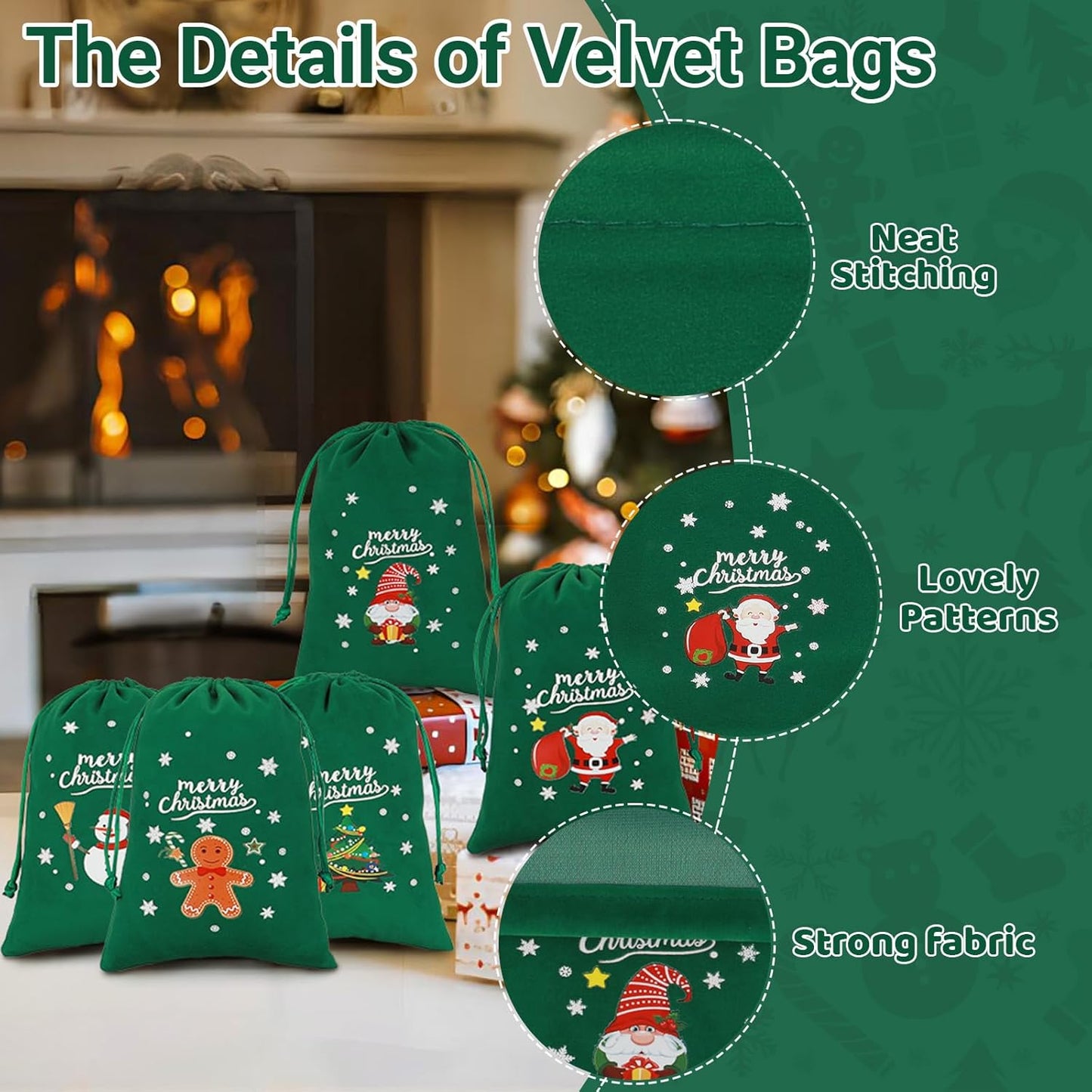 Tapleap Coth Christmas Bags with Drawstring - 50Pcs 5x7 Green Velvet for Wrapping Christmas Party Favors or Gifts for Friends, Children, Coworkers, Small Bussiness Products