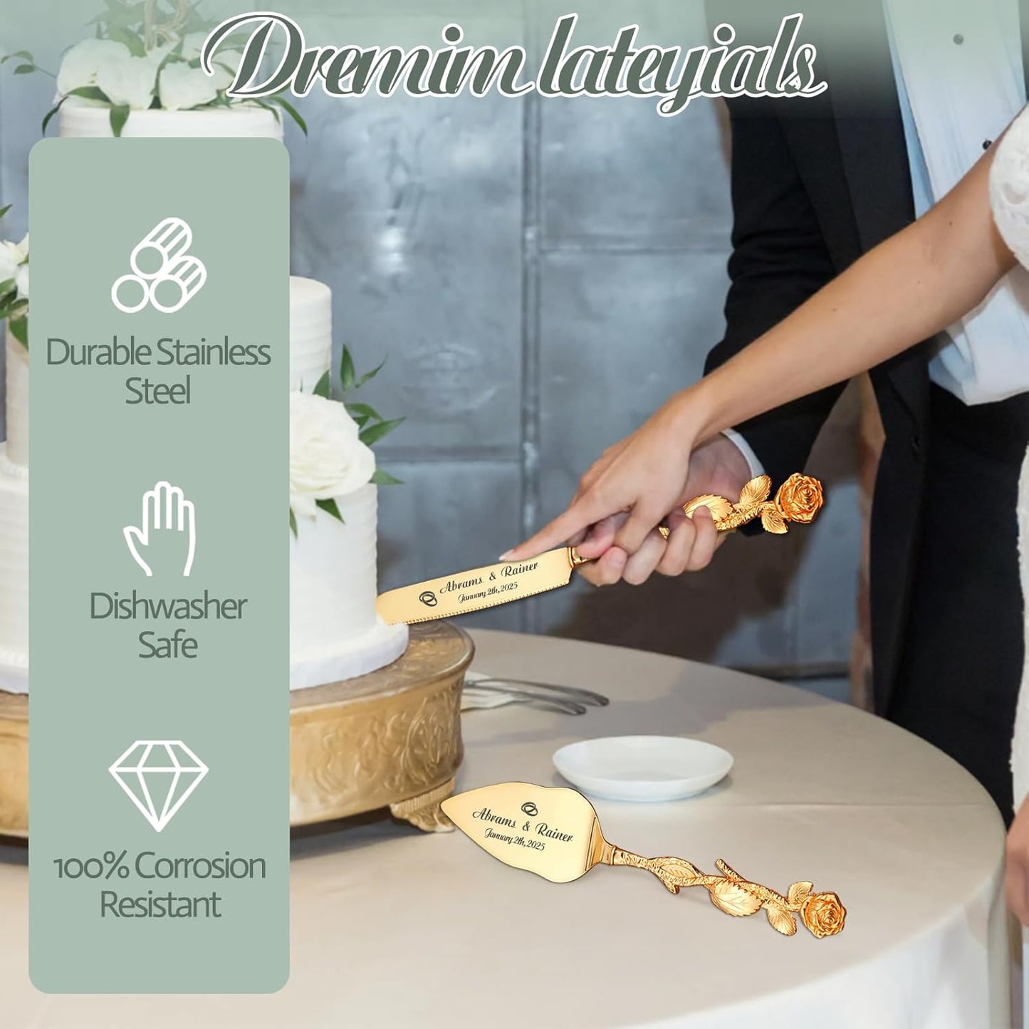 HJX Personalized Wedding Cake Knife and Server Set - Custom Name Engraved Cutting Set with Elegant Gift Box, Ideal for Bridal Wedding Anniversary Birthday Gifts (Rose handle)