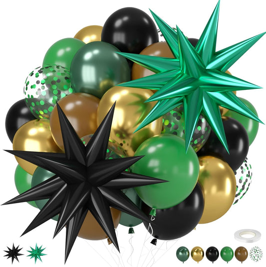 Green and Brown Balloons, 12 Inch Dark Green Black Metallic Green Gold Balloon with Star Foil Balloon for Boys Camping Jungle Safari Theme Birthday Baby Shower Party Decorations