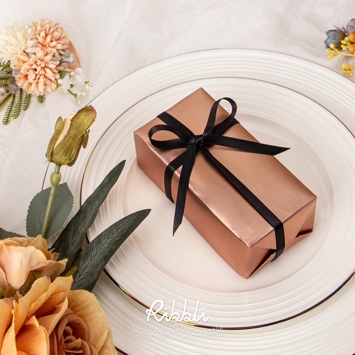 Ribbli Double Faced Black Satin Ribbon,1/4” x Continuous 25 Yards,Use for Bows Bouquet,Gift Wrapping,Floral Arrangement