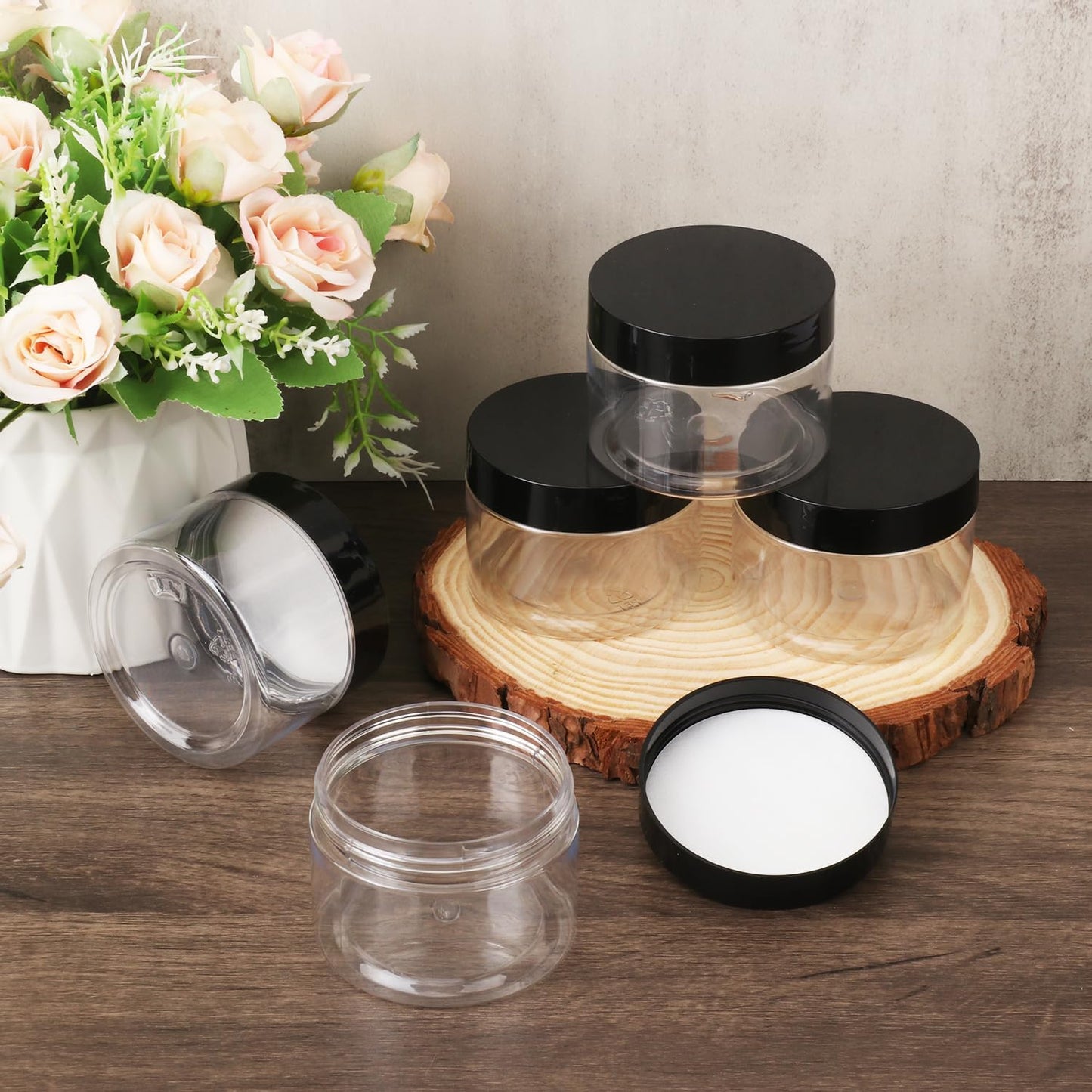 80 Packs 4 OZ Transparent Plastic Jars with black Lids, Body Butter Containers, Cosmetic Containers jars for Kitchen Ingredients, beads, sequins, Lotion, Cream, DIY Crafts and More by KUKLIPJIM.