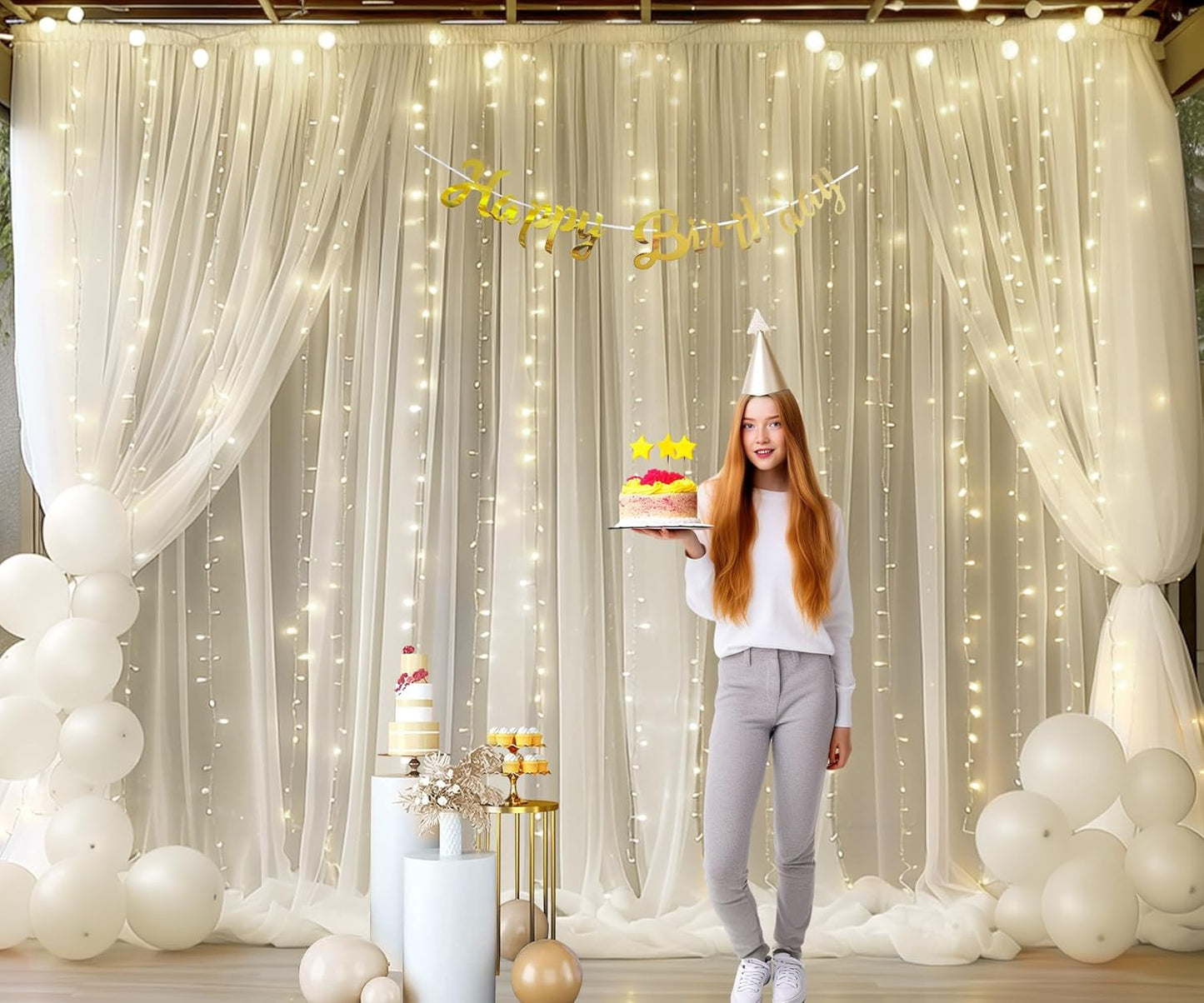 Ivory Tulle Backdrop Curtains with Lights String for Parites Wedding 10×10ft Sheer Backdrop Curtains for Baby Shower Birthday Party Photo Shoot Background Decorations