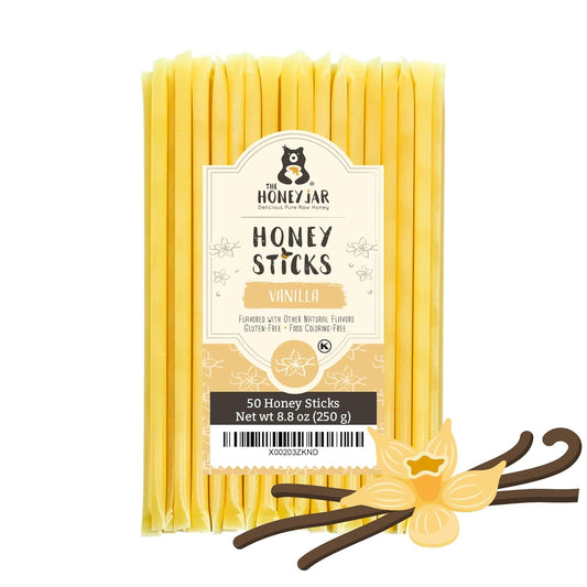 The Honey Jar Vanilla Flavored Honey Sticks - Pure Honey Straws For Tea, Coffee, or a Healthy Treat - One Teaspoon of Flavored Honey Per Stick - Made In The USA with Real Honey - (50 Count)