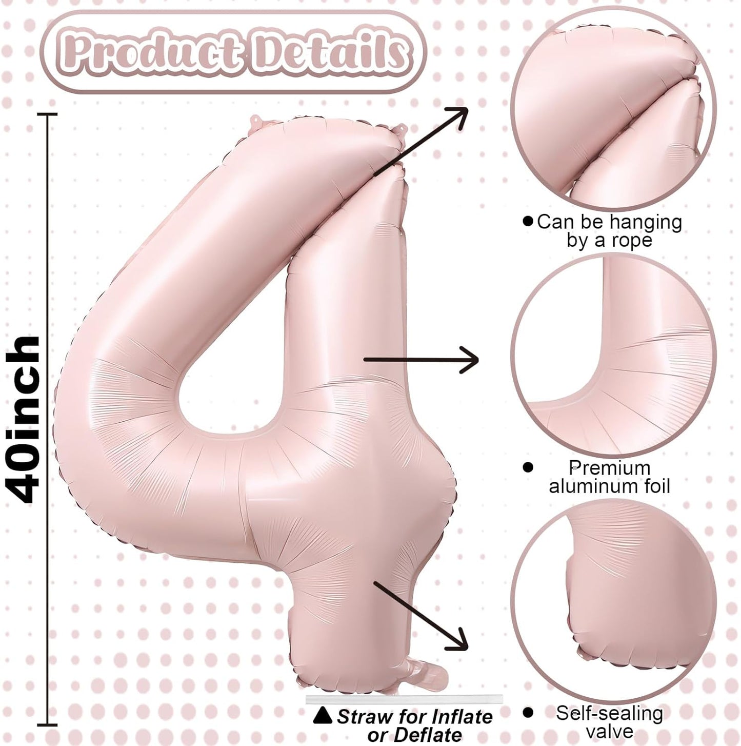 40 Inch Pastel Pink Number Balloon 4, Large Self Inflating Retro Dusty Pink Foil 4 Number Balloons 0-9, Digital 4 Helium Balloons Set for Girls 4th Birthday Boho Women Anniversary Party Decorations