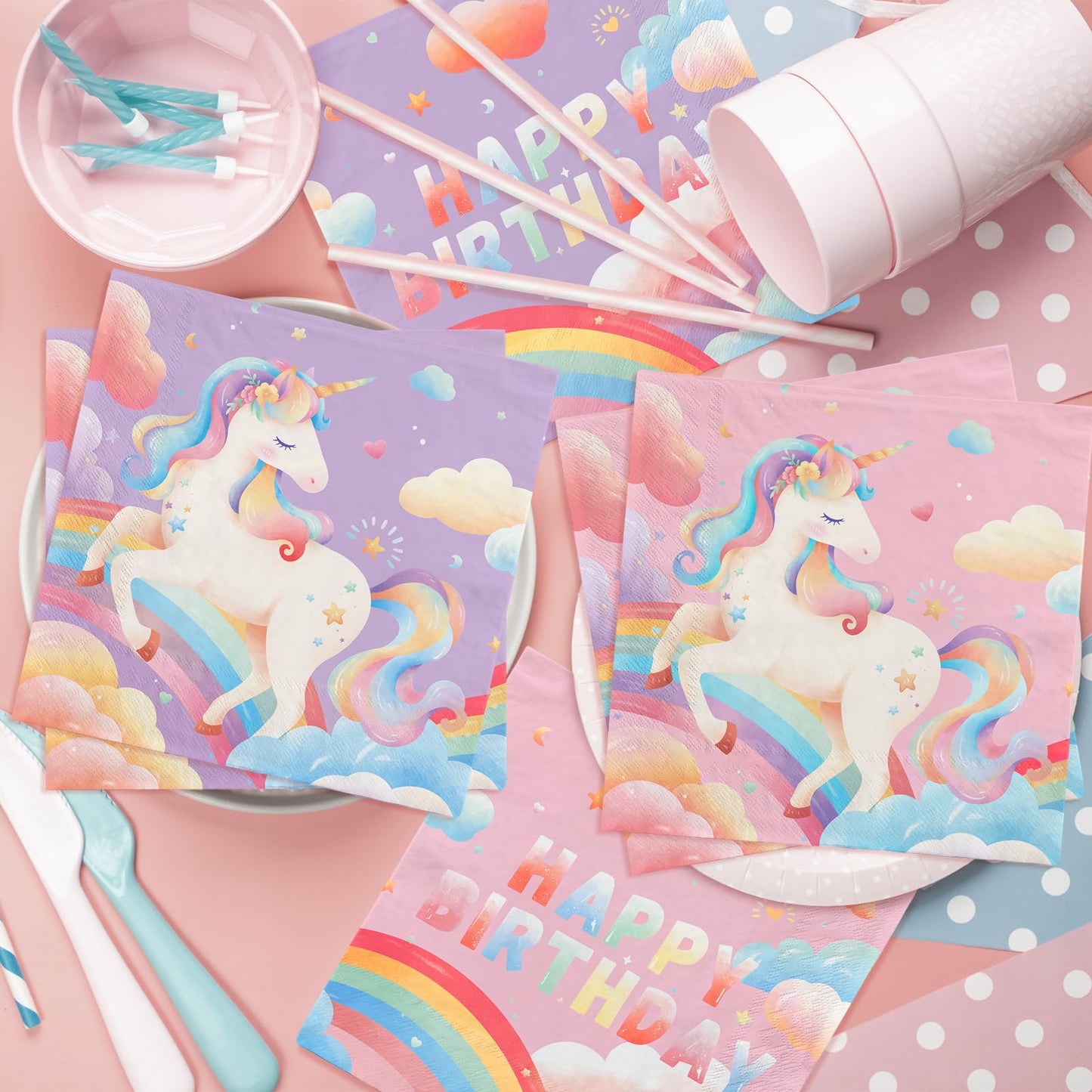 birthday Party Supplies Kit for 24 Guests - for Unicorn Birthday Decorations, Includes Dinner &