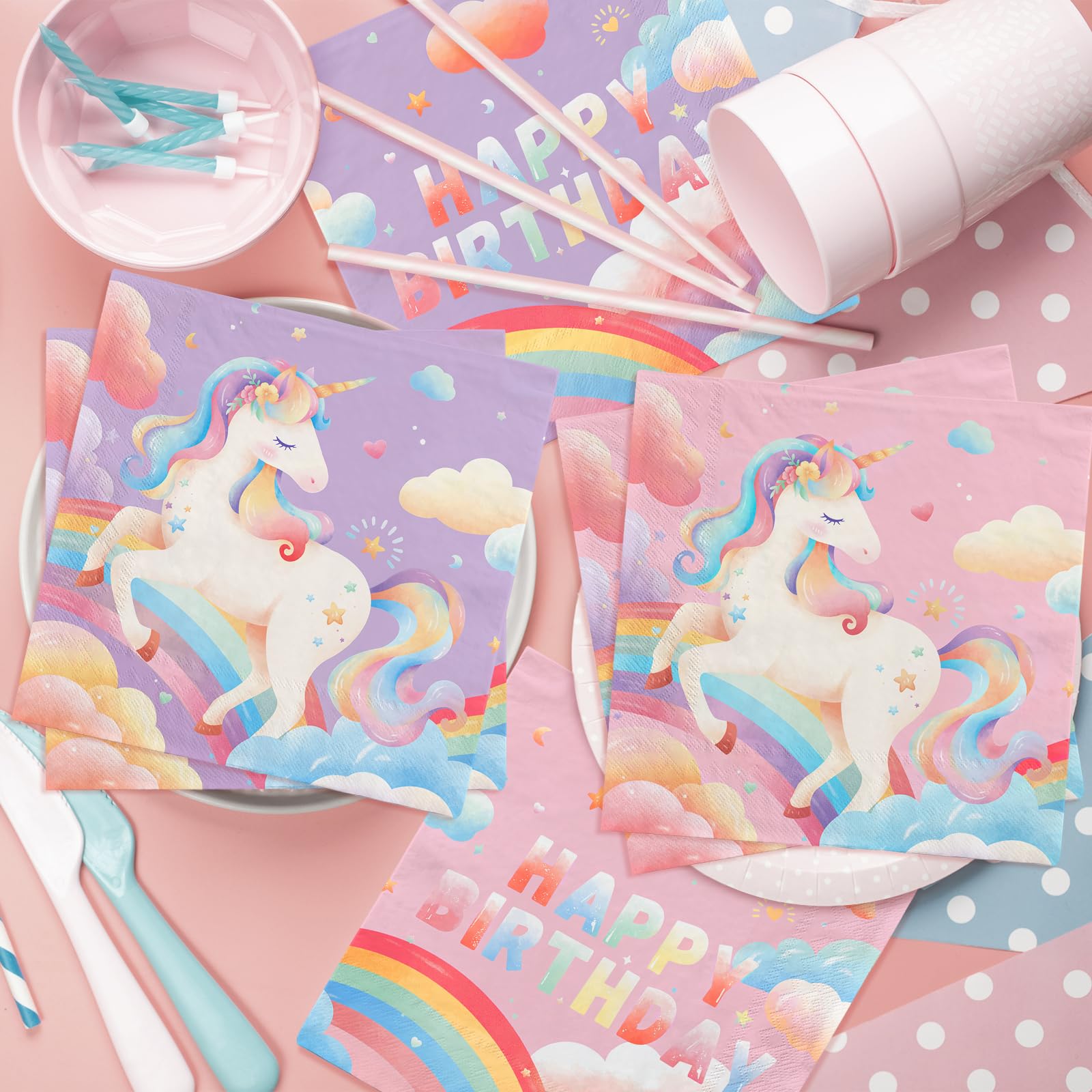 birthday Party Supplies Kit for 24 Guests - for Unicorn Birthday Decorations, Includes Dinner &