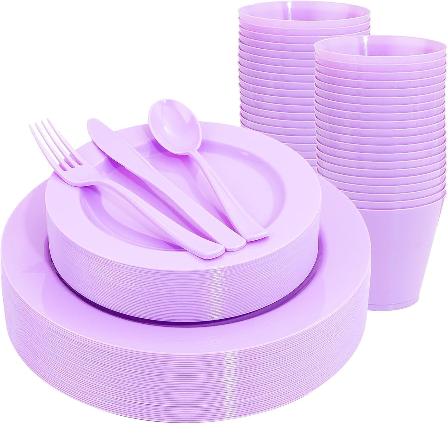 KIRE 150 PCS Purple Plastic Plates - Purple Dinnerware Set Disposable 25 Dinner & 25 Salad Plates 25Forks 25Knives 25Spoons 25Clear Cups for Birthday/Baby Shower