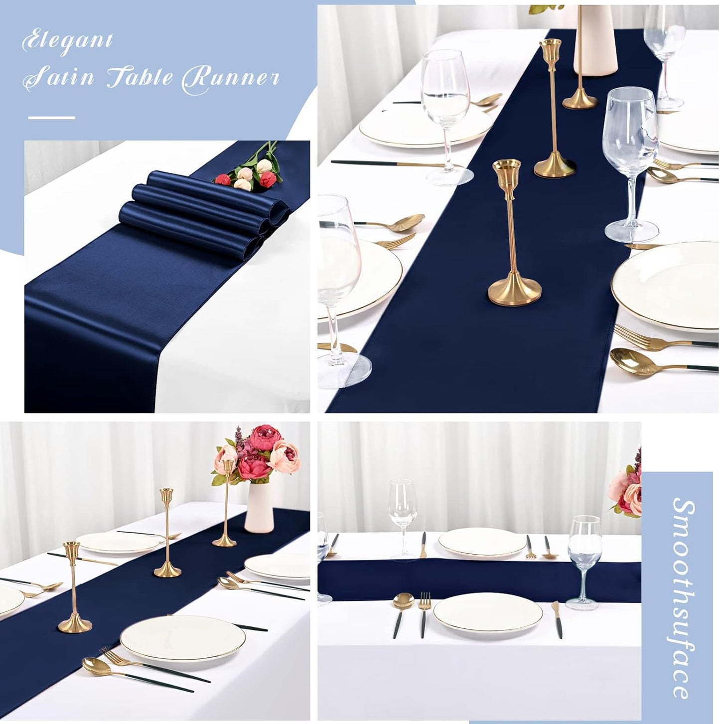 12 Pack Navy Blue Satin Table Runner,12 x 108 inch Long Premium Smooth Table Runner for Wedding, Banquets, Birthday, Party, Graduation, Engagements, Table Runners fit Rectangle and Round Table