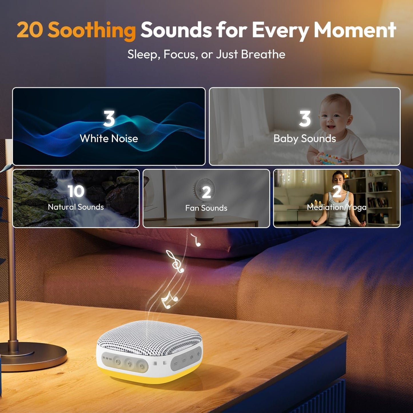 Portable Sound Machine for Travel, White Noise Sound Machine for Sleeping, 52-Hour Lasting Mini Noise Machine with 21 Quality Non-looping Sounds, Headphone Jack, Memory, Timer for Adults,Hotel (White)
