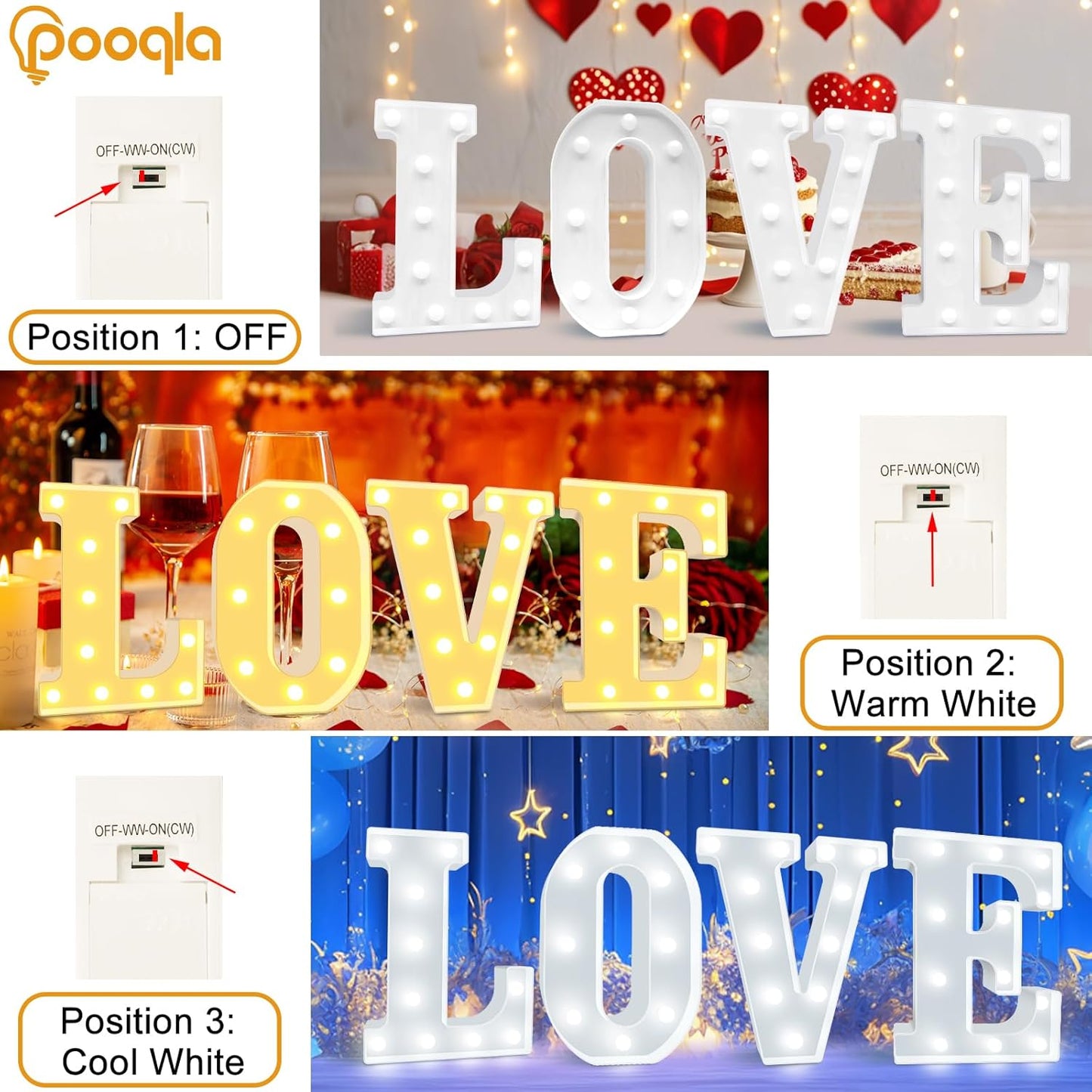 Pooqla LED Marquee Letter Lights, Warm White and Cool White Decorative Lighted Letters, Light Up Alphabet Letters for Boys Girls, Party, Wedding, Bar, Night Light, Birthday Decoration, Symbol &