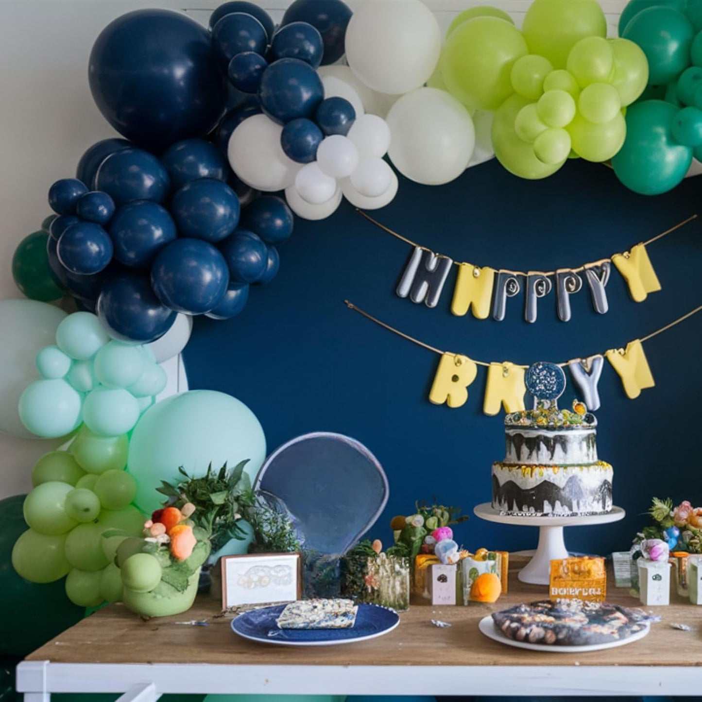 60Pcs Blue and Green Balloons, 12 Inch Navy Blue Fruit Green Confetti Balloons Teal Blue White Latex Balloon for Kids Birthday Baby Shower Jungle Dinosaur Theme Party Decorations