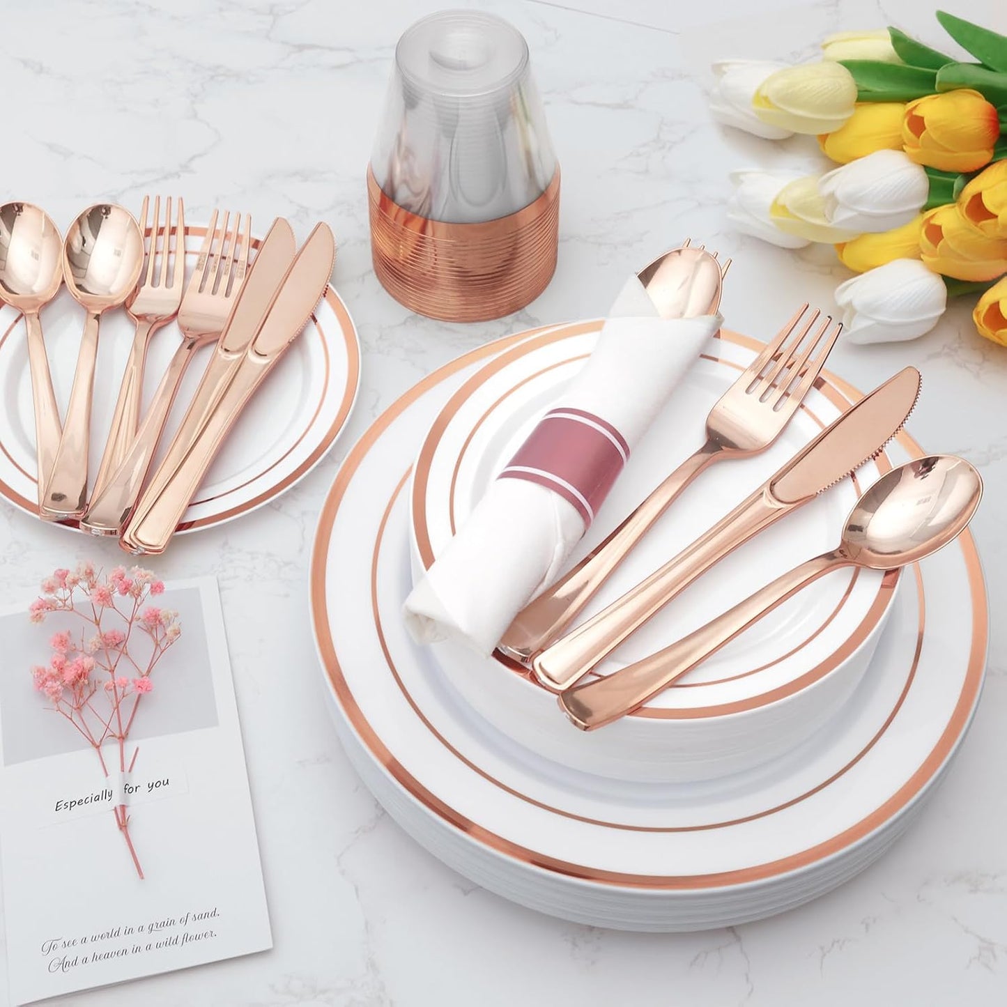 Goodluck 700 Piece Rose Gold Plastic Dinnerware Set for 100 Guests, Disposable Plates for Party, Include: 100 Dinner Plates, 100 Dessert Plates, 100 Pre Rolled Napkins with Silverware, 100 Cups