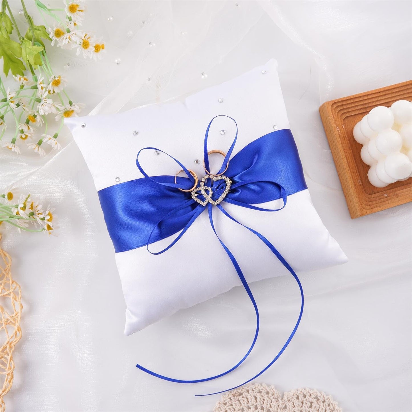QIRMIZI Ring Pillow,Pearls Ring Cushion, Ring Bearer, Ring Holder for Beach Wedding, Wedding Ceremony, Proposal,Blue, White, R04 (Pack of 1)