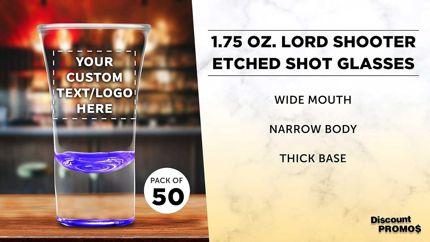 Custom 2 oz. Lord Shooter Etched Shot Glasses, 50 pack, Personalized Text, Logo, 21st Birthday Party, Lounge Glassware, Purple