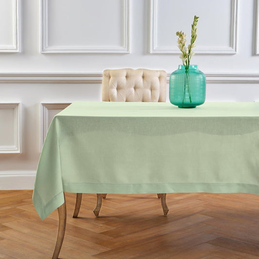 Solino Home Linen Tablecloth for Rectangle Tables 60 x 90 Inch - Classic Hemstitch 100% Pure Linen Light Green Table Cloth - Machine Washable Cloth Tablecloth