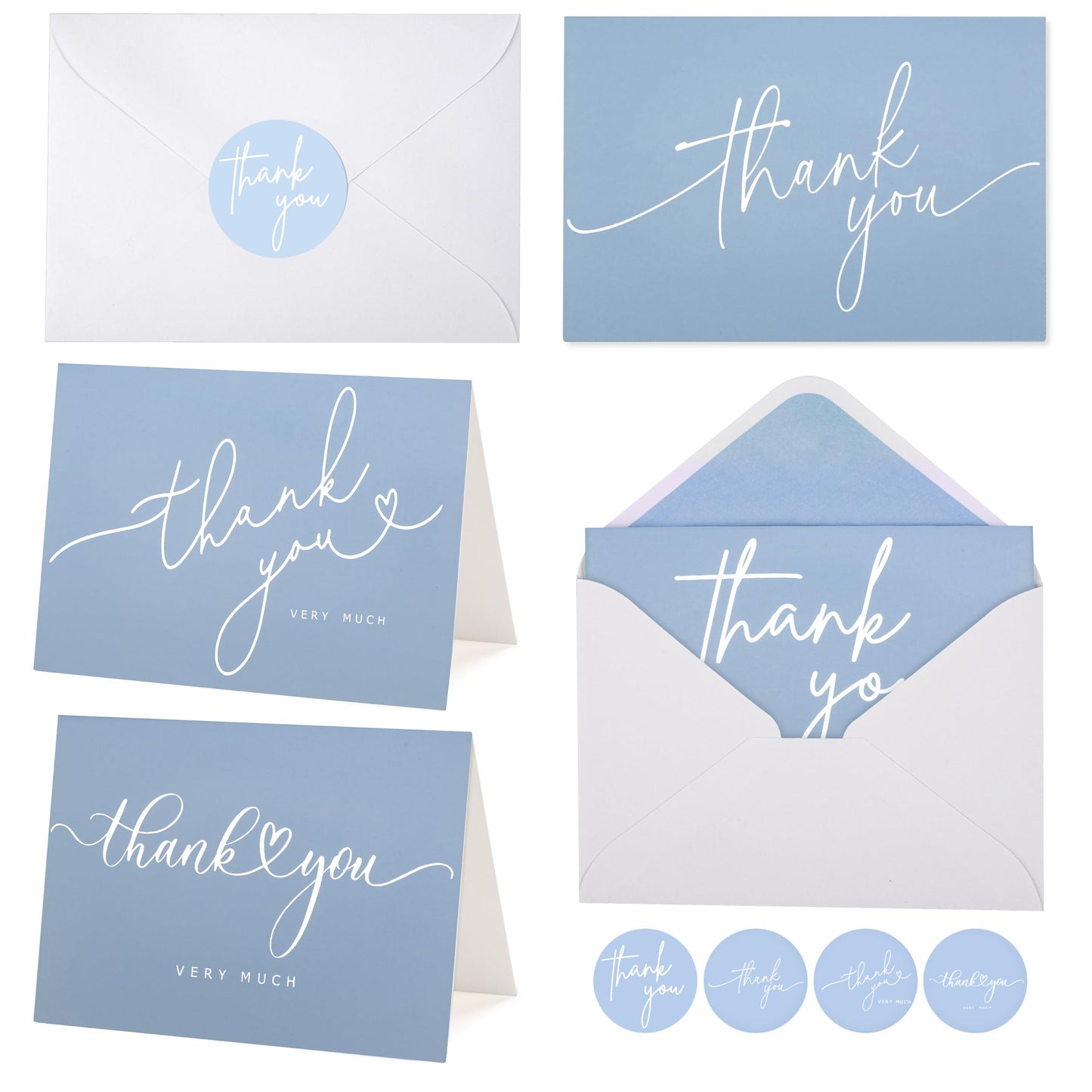 100 Bulk Light blue Thank You Cards with white Envelopes and stickers - 4 Minimalistic Designs