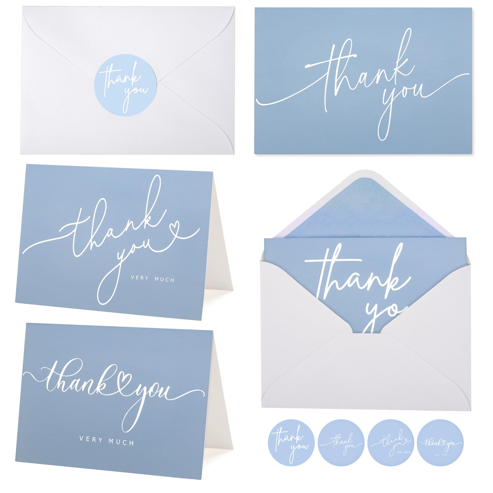 100 Bulk Light blue Thank You Cards with white Envelopes and stickers - 4 Minimalistic Designs
