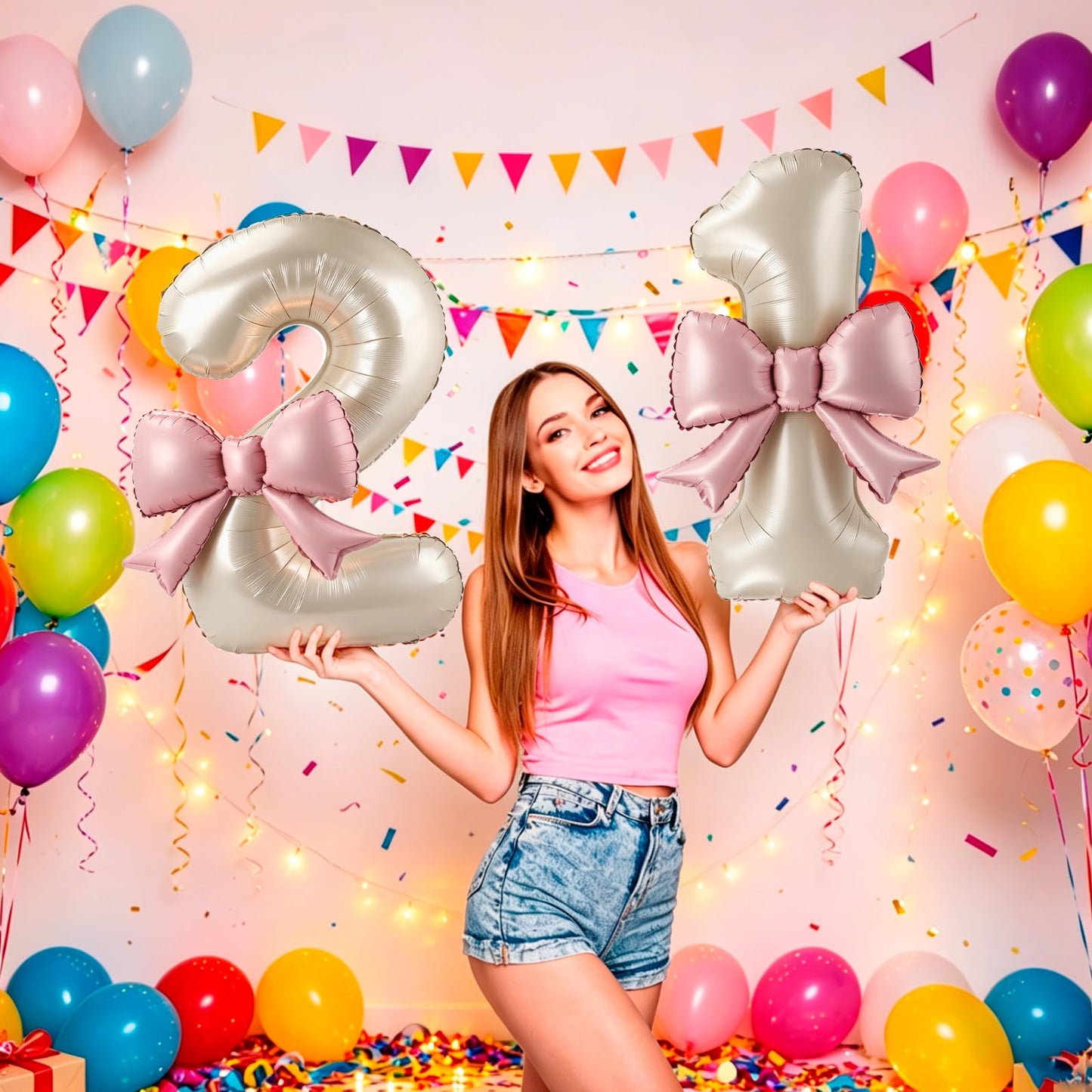 40 Inch Cream Number 1 Balloon with Pink Bow, Coquette Aesthetic Foil Balloon for Birthday