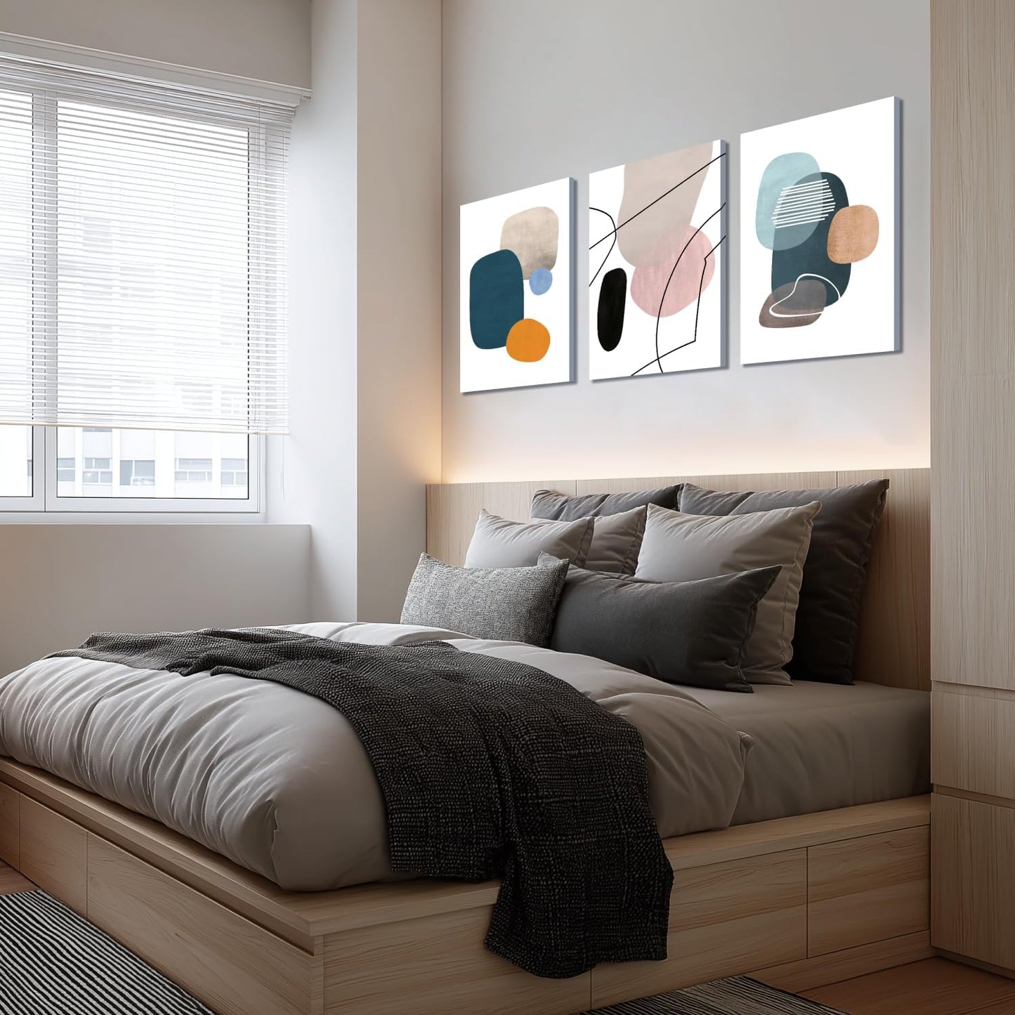 IAFWZX Framed Abstract Geometric Wall Art, Orange Blue Beige Color Block Wall Decor, Modern Minimalist Canvas Painting, Neutral Boho Colorful Geometric Aesthetic Picture for Living Room 16"x24"x3