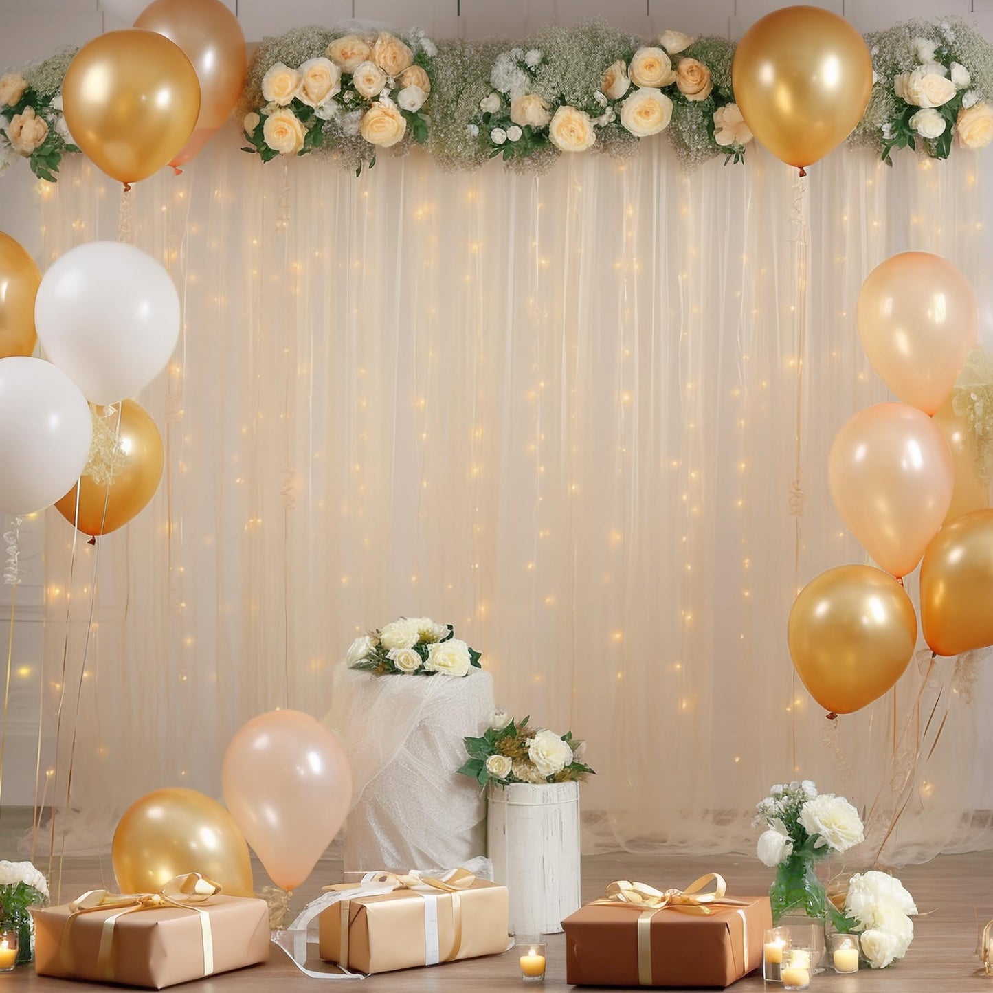 10x10ft Champagne Tulle Backdrop Curtain with Lights String for Parites, Sheer Backdrop Curtains