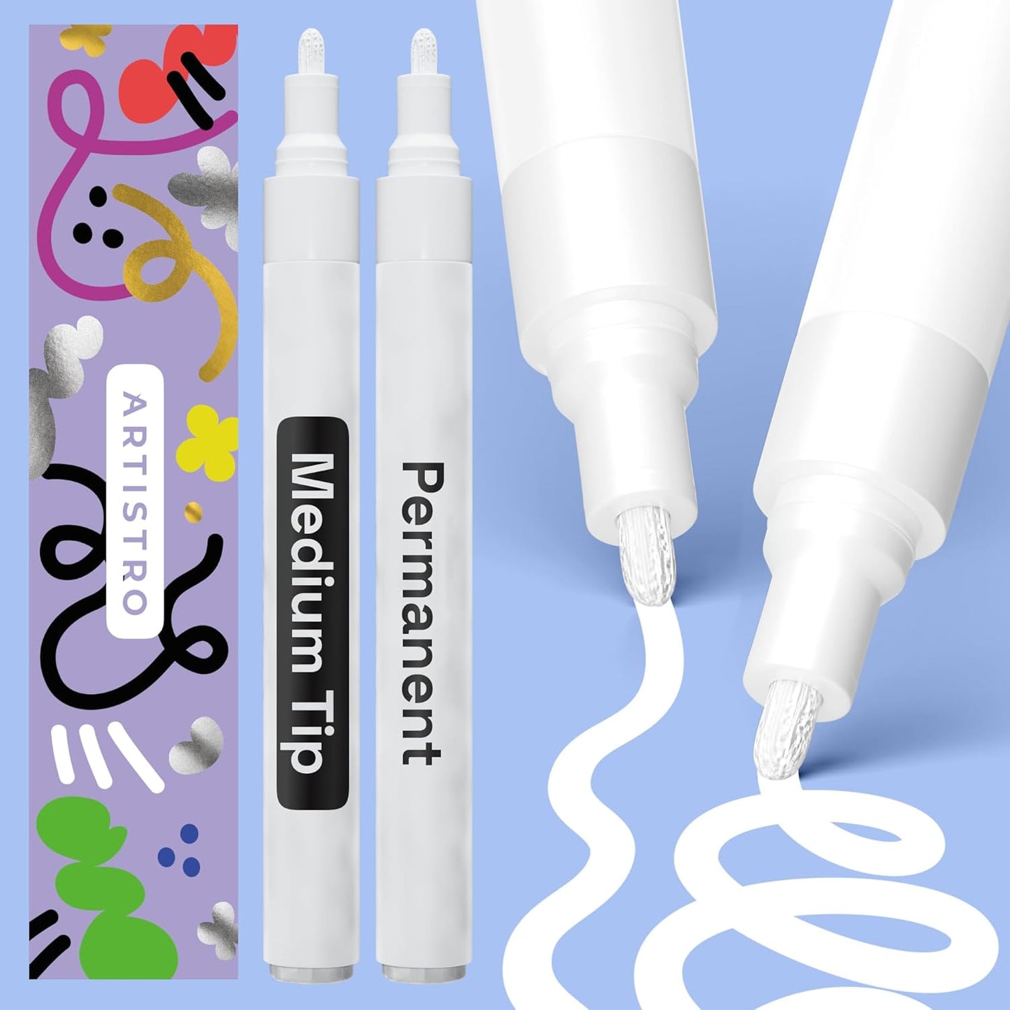 ARTISTRO 2 White Permanent Marker - Waterproof Markers for Tire, Fabric, Rocks, Glass, Ceramic, Wood, Paper - Oil Based Paint Pens - Medium Tip 3mm