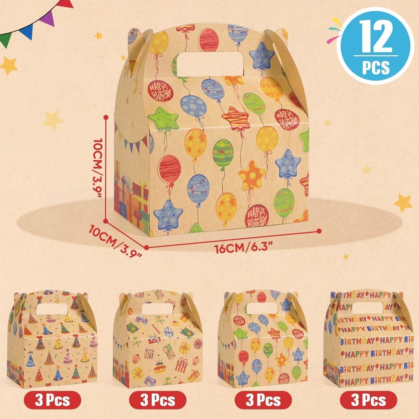 WERNNSAI 12 Pcs Birthday Party Treat Boxes Kraft Gift Box for Birthday