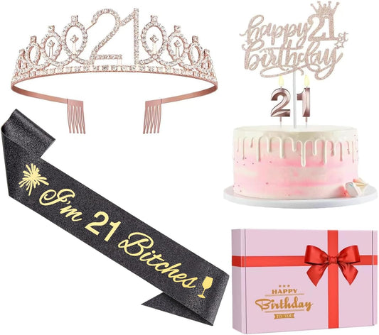 Glitter Black 21st Birthday Sash, Rhinestone Rose Gold Tiara, Cake Topper and Candles, 21st Birthday Decorations for Her