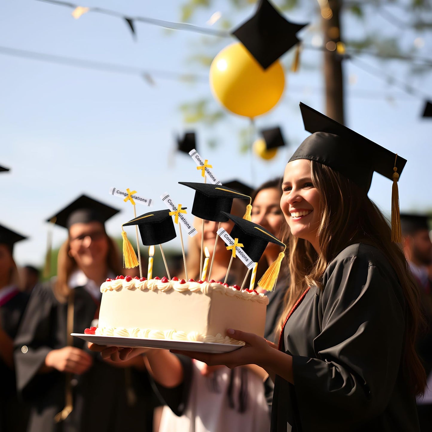 Breling Graduation Centerpiece Felt Cap Sticks,Black and Gold,12 Pcs