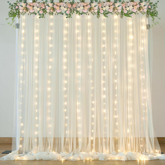 Ivory Tulle Backdrop Curtains with Lights String for Parites Wedding 10×10ft Sheer Backdrop Curtains for Baby Shower Birthday Party Photo Shoot Background Decorations