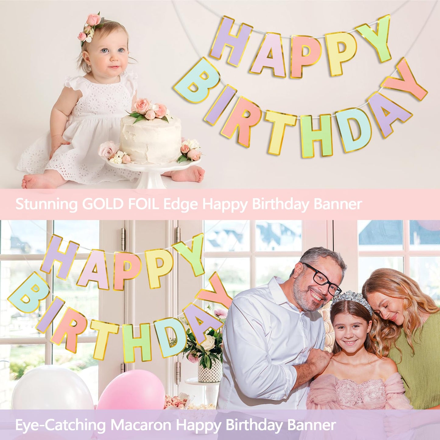 LITAUS Pre-Strung Happy Birthday Banner - Pastel Macaron Party Decorations