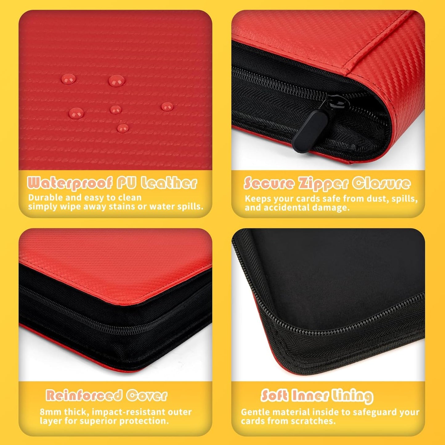 Premium 1000+ Pockets Trading Card Binder, 16-Pocket Ringless Side-Loading Album for TCG, MTG, Lorcana, Sports & Standard-Size Cards (Red)