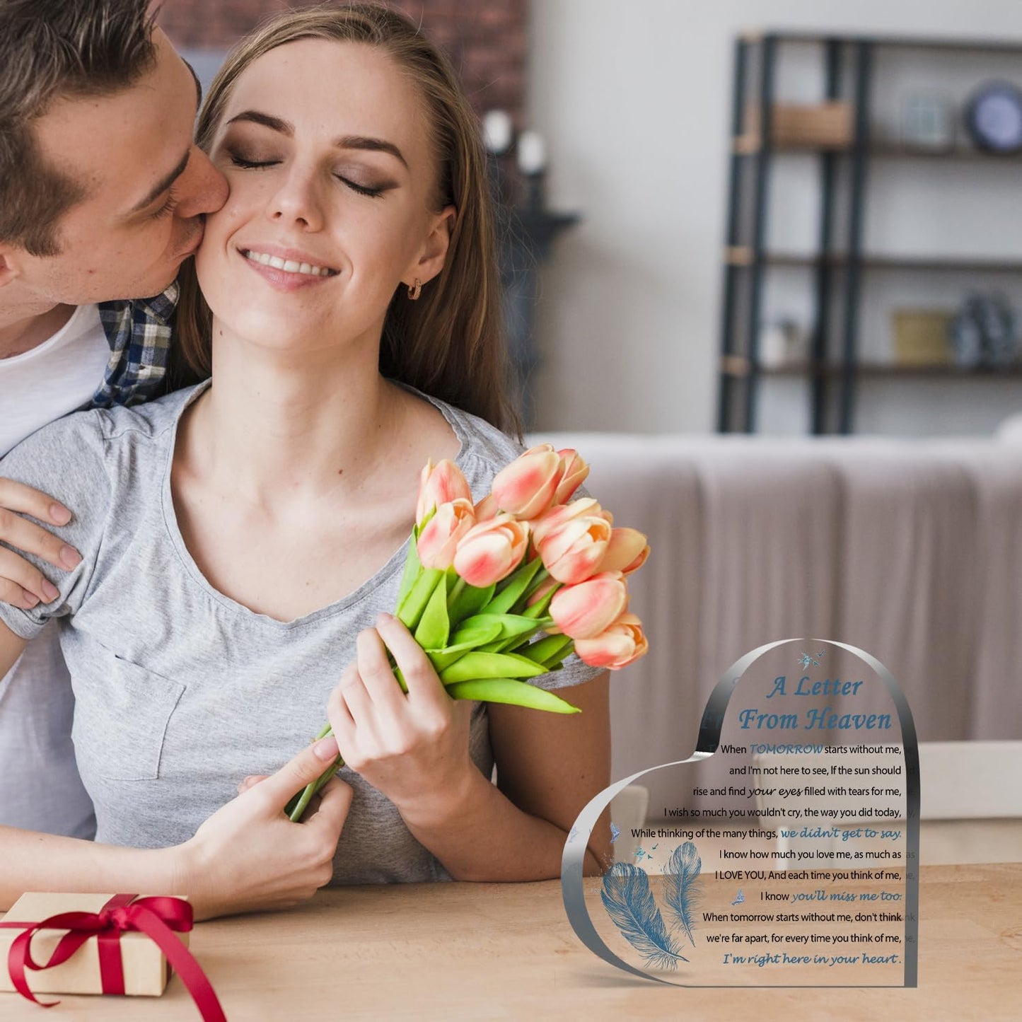 Sympathy Gifts - A Letter from Heaven- Memorial Gift for Loss of Mother Father Husband Son, Acrylic Heart Keepsake,Remembrance Sympathy Gifts （Feather）