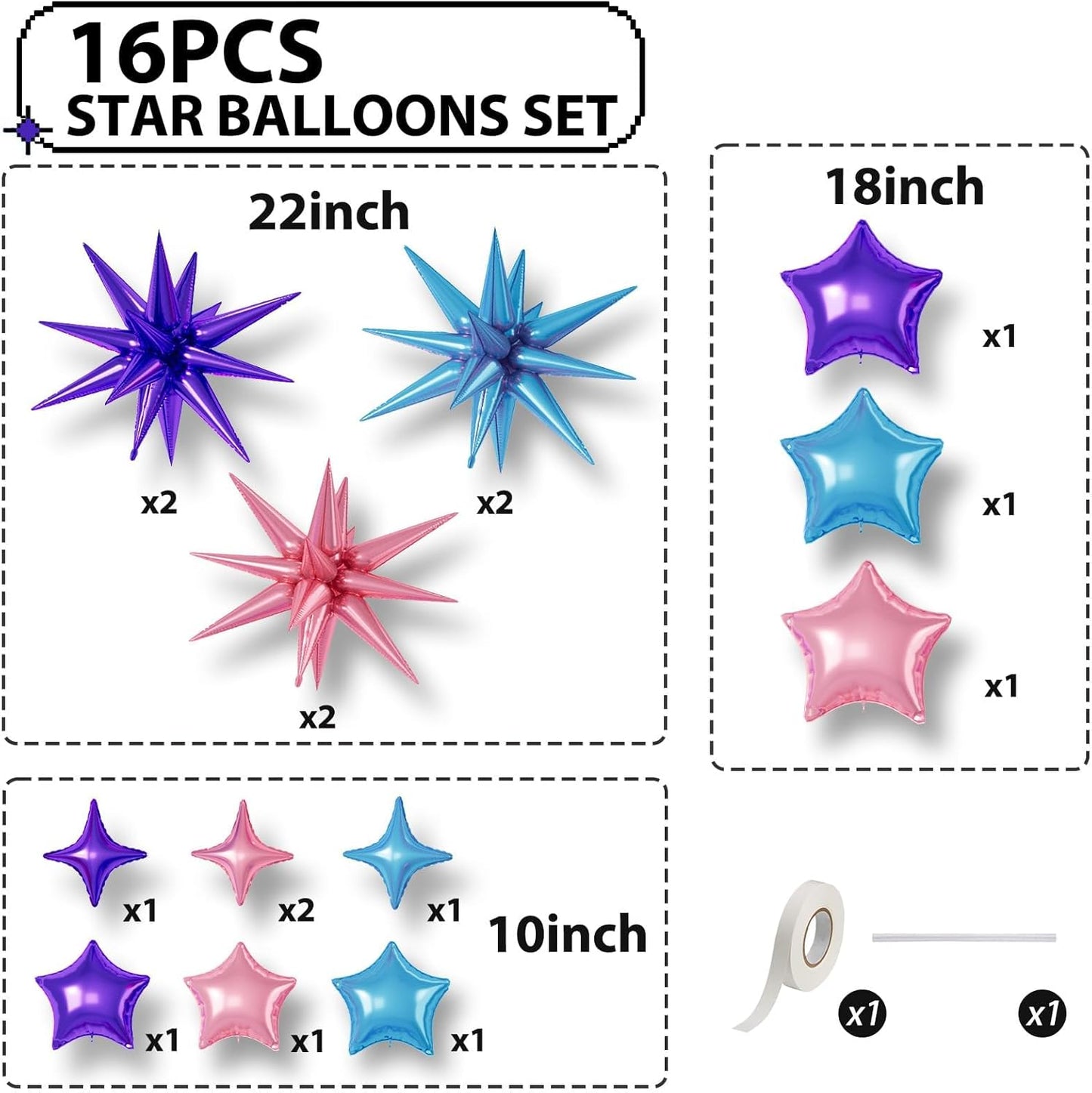 16 Pcs Pink Purple Blue Star Balloons, 22/18/10 Inch Foil Balloons, Four-Pointed Balloon for Girl Princess Mermaid Birthday Baby Shower Party Decorations