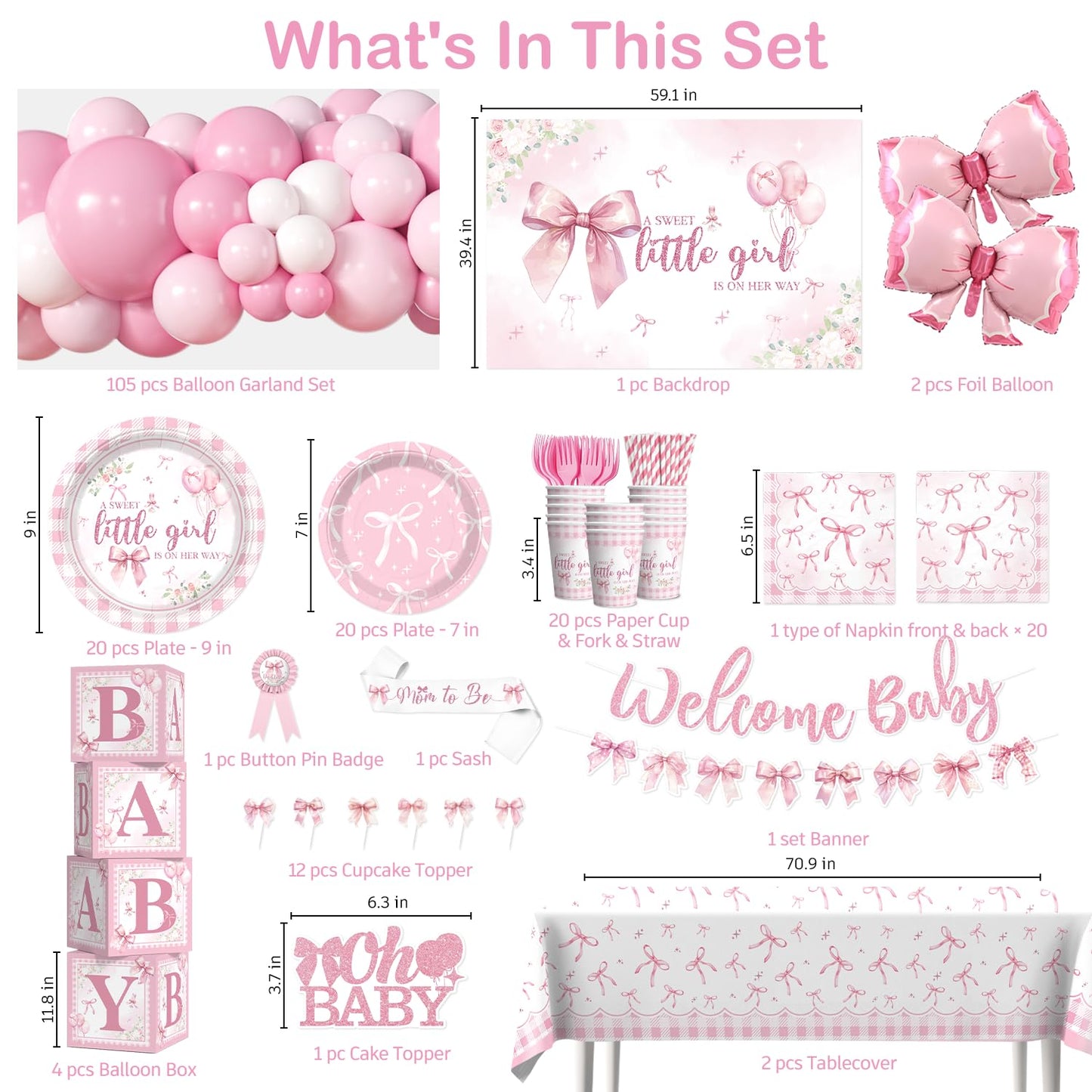 Cocomigo Pink Bow Baby Shower Decorations, All-in-One Party Set Serves 20