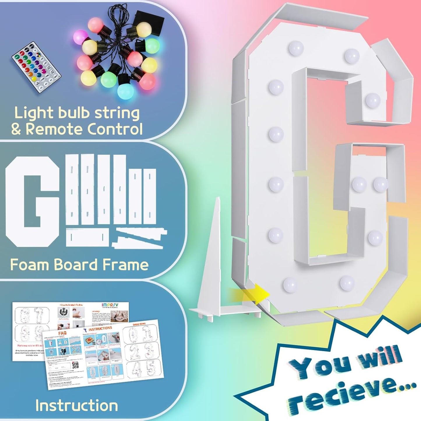 imprsv 4FT Colorful Marquee Light Up Letters G, 18 Colors Large Light up Letters Alphabet Sign with Remote, Large Marry Me Sign, Birthday Party Decorations Baby Shower Anniversary Wedding Decoration