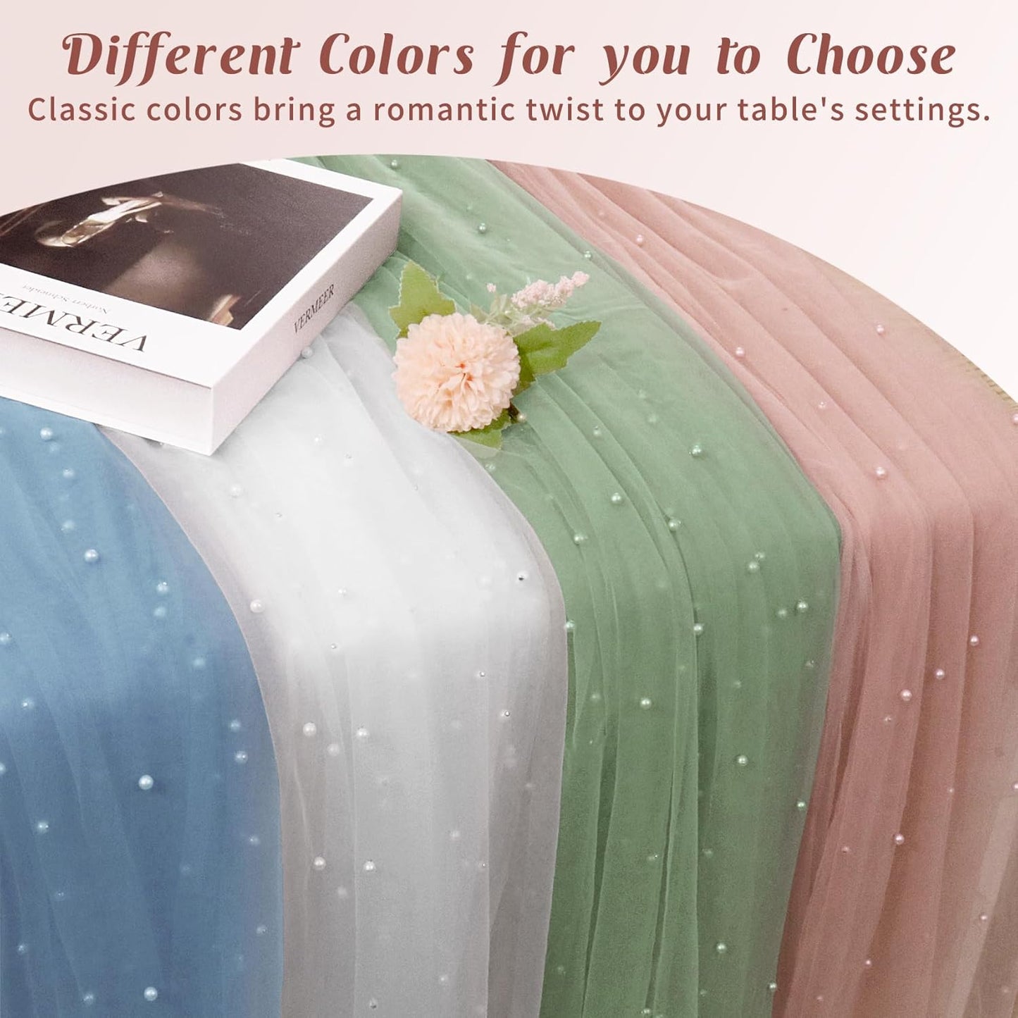 Set of 6 Pearl Table Runner 29 x 120 Inch Dusty Pink Tulle Fabric Lace Table Runners Boho Rustic Table Runners for Bridal Shower Birthday Party Wedding Arch Aisle Veil Dessert Table Decor(Dusty Pink)