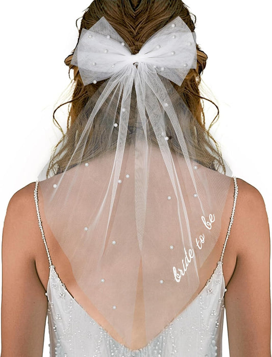 Bride to Be Bridal Wedding Veils Bachelorette Party Accessories Pearl Hair Bow Veil for Women and Girls Bridal Shower Bridesmaid Gift