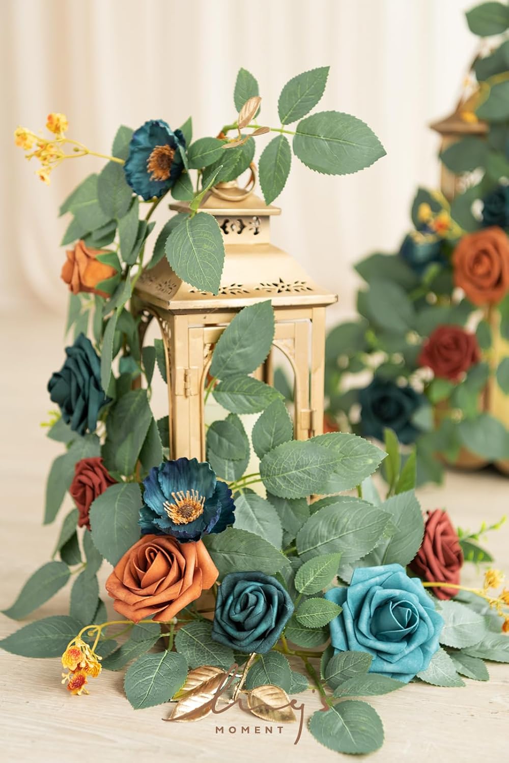 Ling's moment 2Pack 2ft Artificial Flowers Garland Teal Blue & Terracotta Lantern Flower Centerpieces Wedding Aisle Decor Chair Flowers Arch Floral for Pew Signs DIY Table Wall Window Decoration