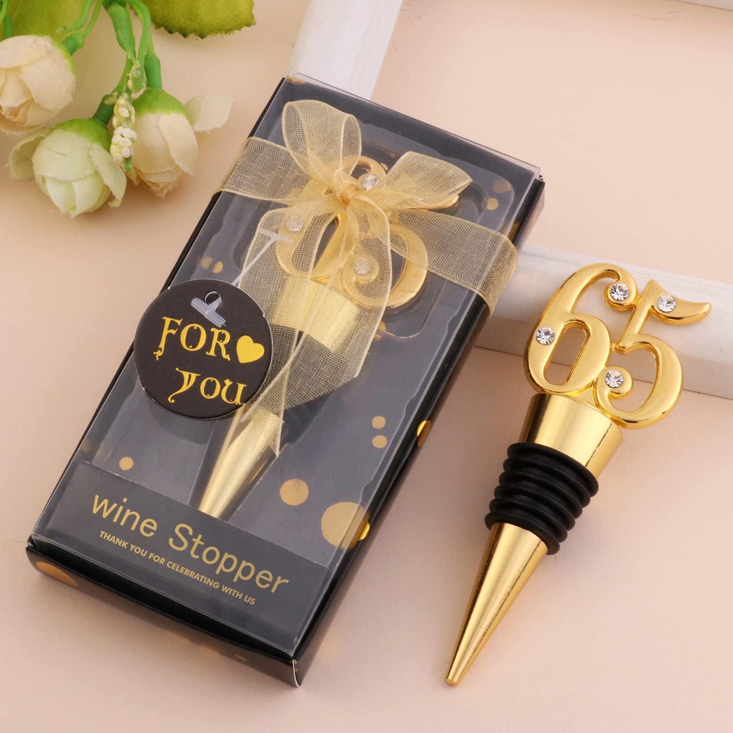 24 Pack 65th Birthday Favors For Guests 65 Years Old Wine Bottle Sioppers With Gift Box For 65th Wedding Anniversary Party Souvenirs Party Favor Decoration