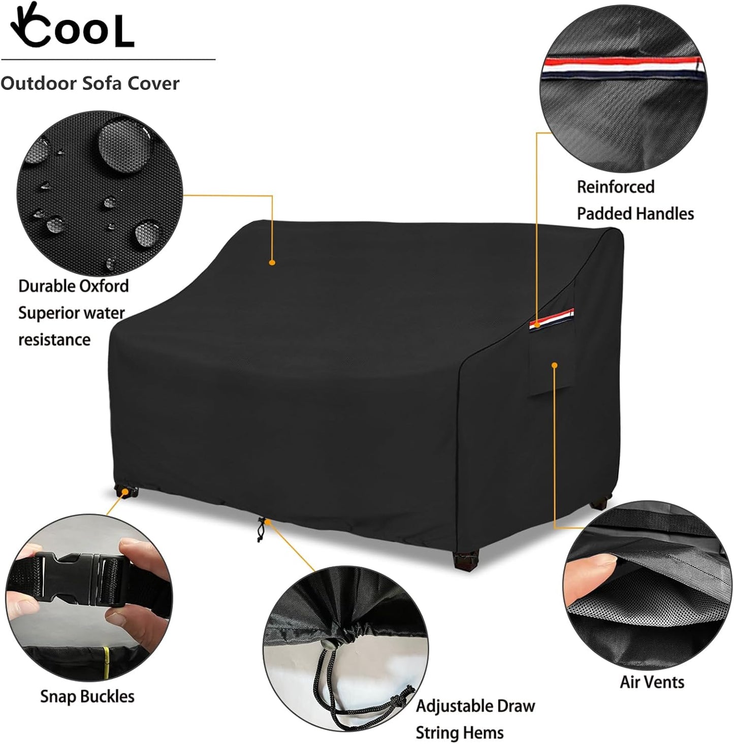 okcool Heavy Duty Patio Sofa Cover, 100% Waterproof 3-Seater Outdoor Sofa Cover Fits up to 76W x 32.5D x 33H Inches, Lawn Patio Furniture Covers,Black