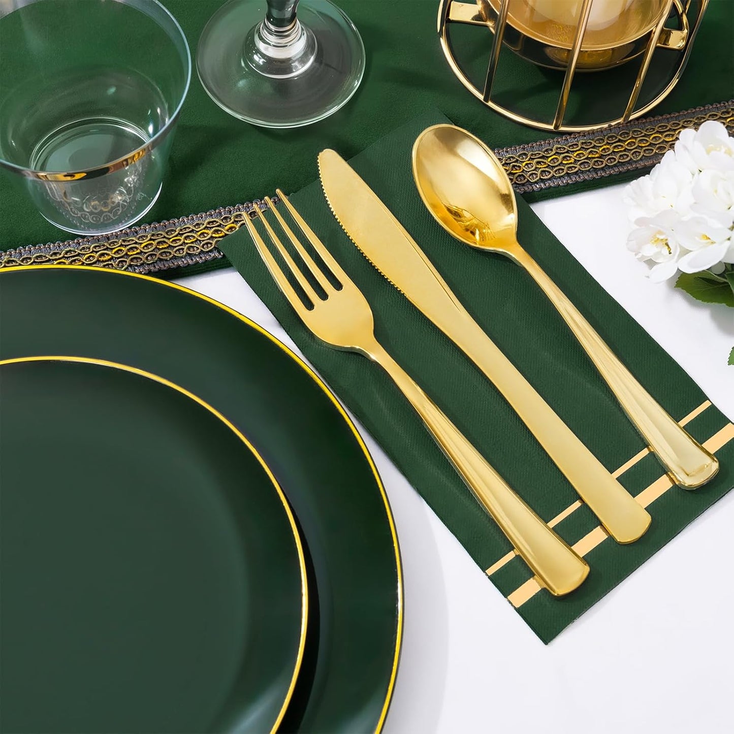 NOCCUR 350PCS Green Plastic Plates - Disposable Green Gold Dinnerware Set for 50 Guests, 100 Dinner/Dessert Plates, 150 Gold Silverware, 50 Cups&50 Napkins for Party/Wedding/Birthday/Christmas